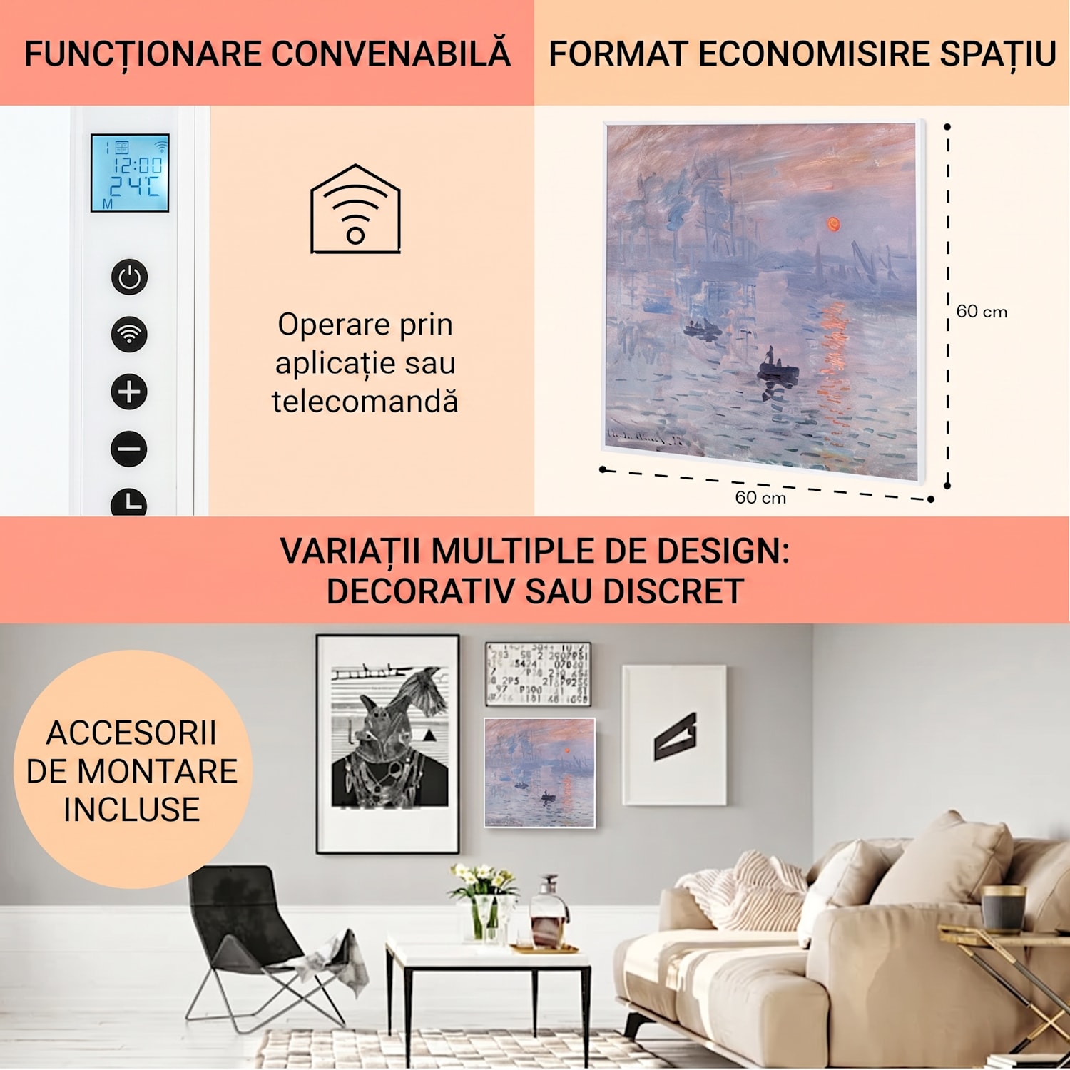 Wonderwall Air Art Smart, încălzitor cu infraroșu, 60 x 60 cm, 350 W, aplicație, răsăritul soarelui 60 x 60 cm | 350 W | Răsărit