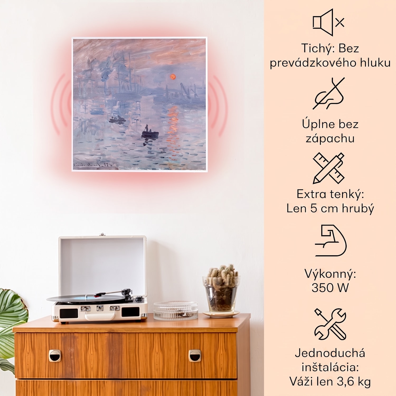 Wonderwall Air Art Smart, infračervený ohrievač, 60 x 60 cm, 350 W, aplikácia, východ slnka 60 x 60 cm | 350 W | Východ slnka