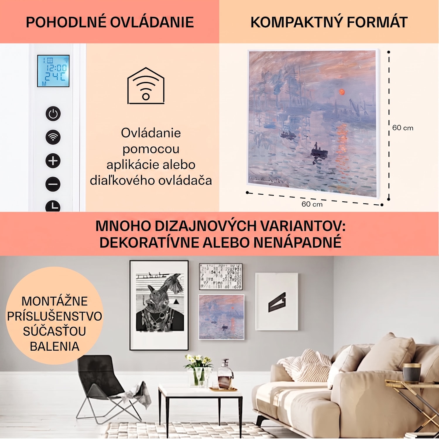 Wonderwall Air Art Smart, infračervený ohrievač, 60 x 60 cm, 350 W, aplikácia, východ slnka 60 x 60 cm | 350 W | Východ slnka