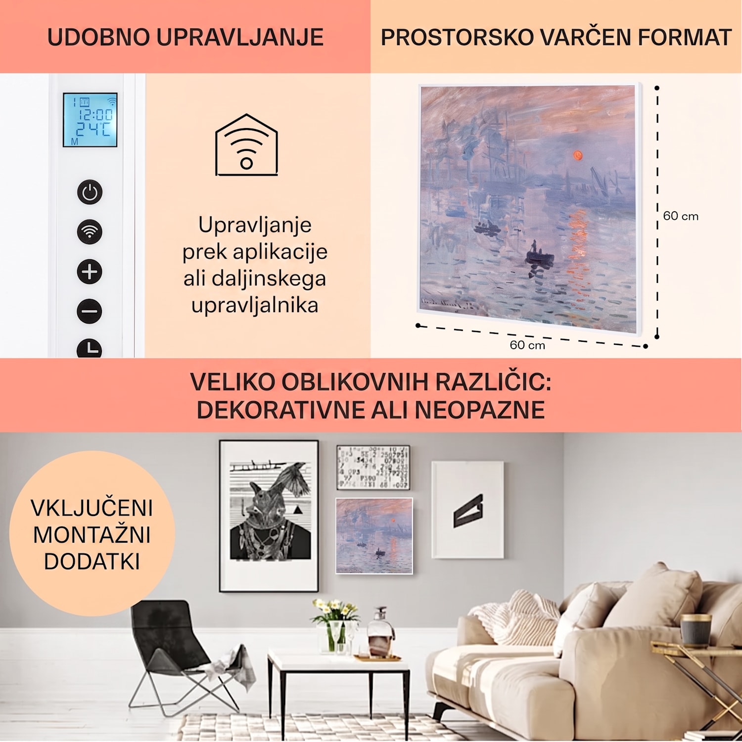 Wonderwall Air Art Smart, infrardeči grelec, 60 x 60 cm, 350 W, aplikacija, vzhajajoče sonce 60 x 60 cm | 350 W | Sončni vzhod