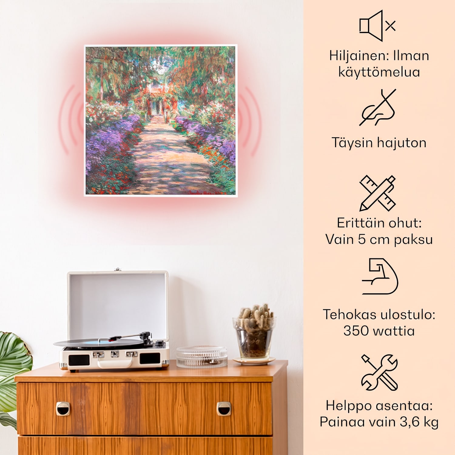 Wonderwall Air Art Smart infrapunalämmitin 60 x 60 cm 350 W sovellus puutarhapolku 60 x 60 cm/design: puutarhapolku