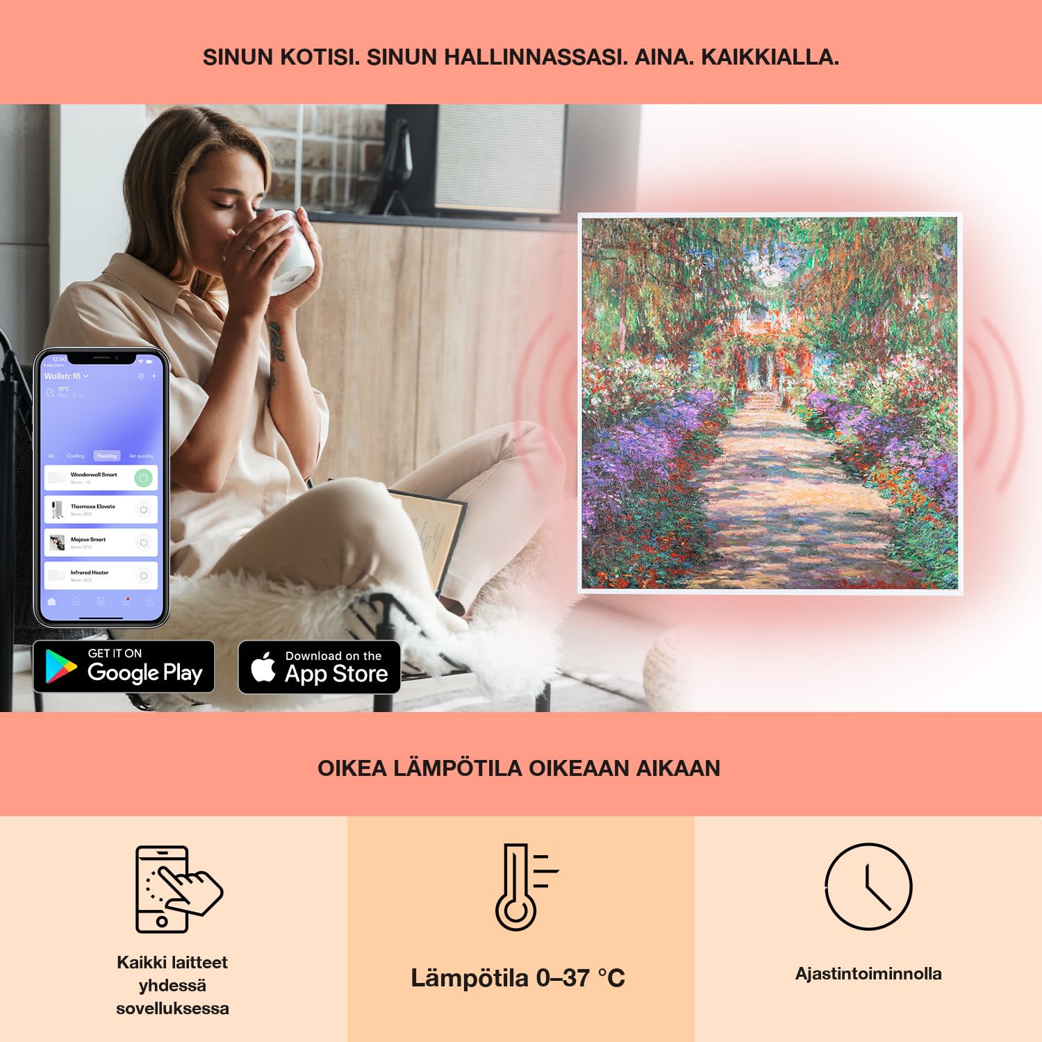 Wonderwall Air Art Smart infrapunalämmitin 60 x 60 cm 350 W sovellus puutarhapolku 60 x 60 cm/design: puutarhapolku