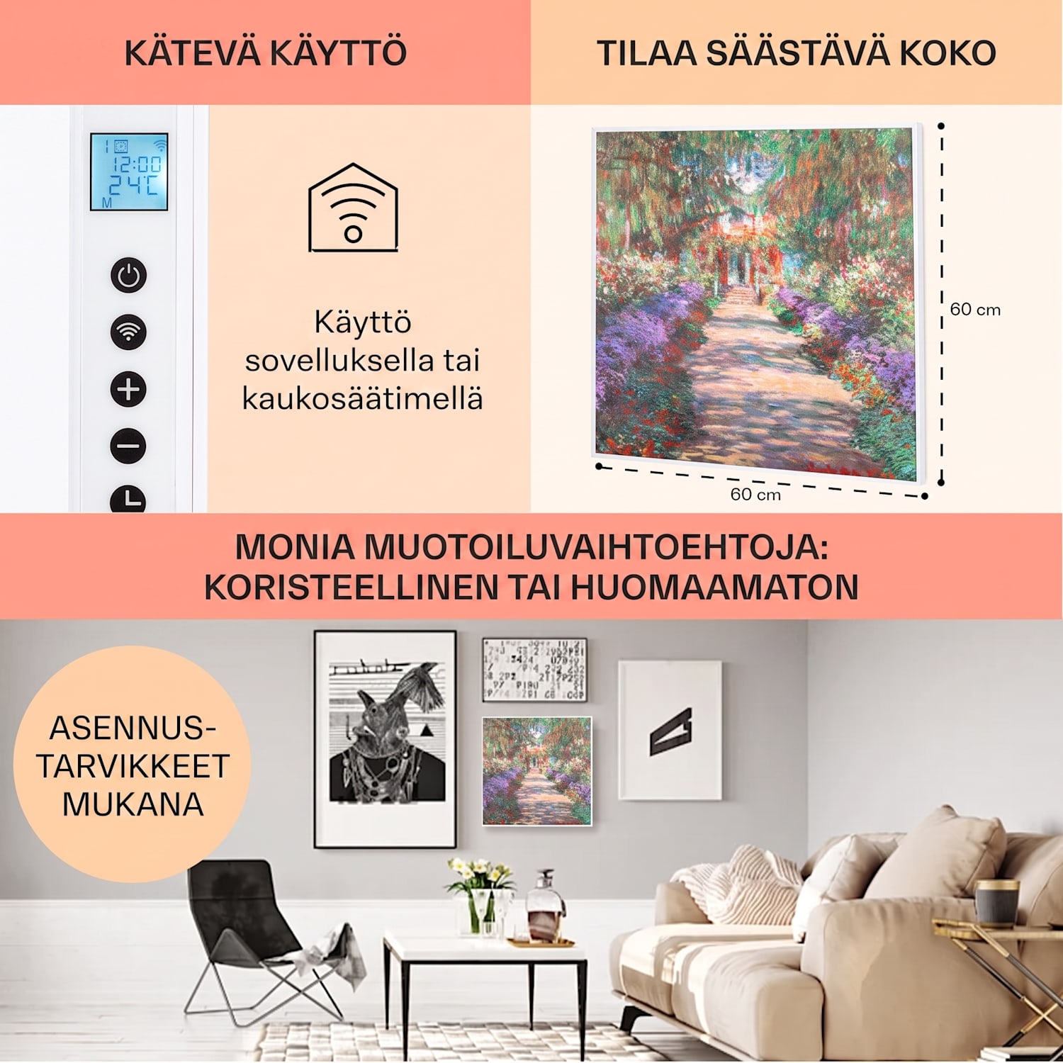Wonderwall Air Art Smart infrapunalämmitin 60 x 60 cm 350 W sovellus puutarhapolku 60 x 60 cm/design: puutarhapolku