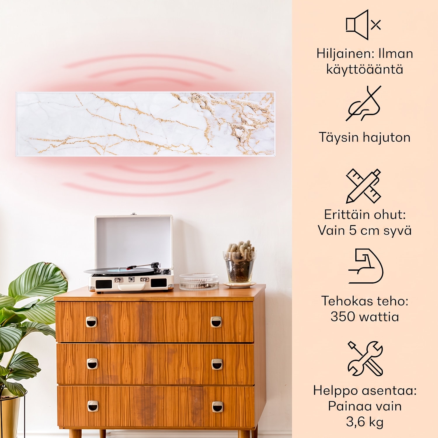 Wonderwall Air Art Smart infrapunalämmitin 120 x 30 cm 350 W sovellus marmori II 120 x 30 cm | 350 W | Marble