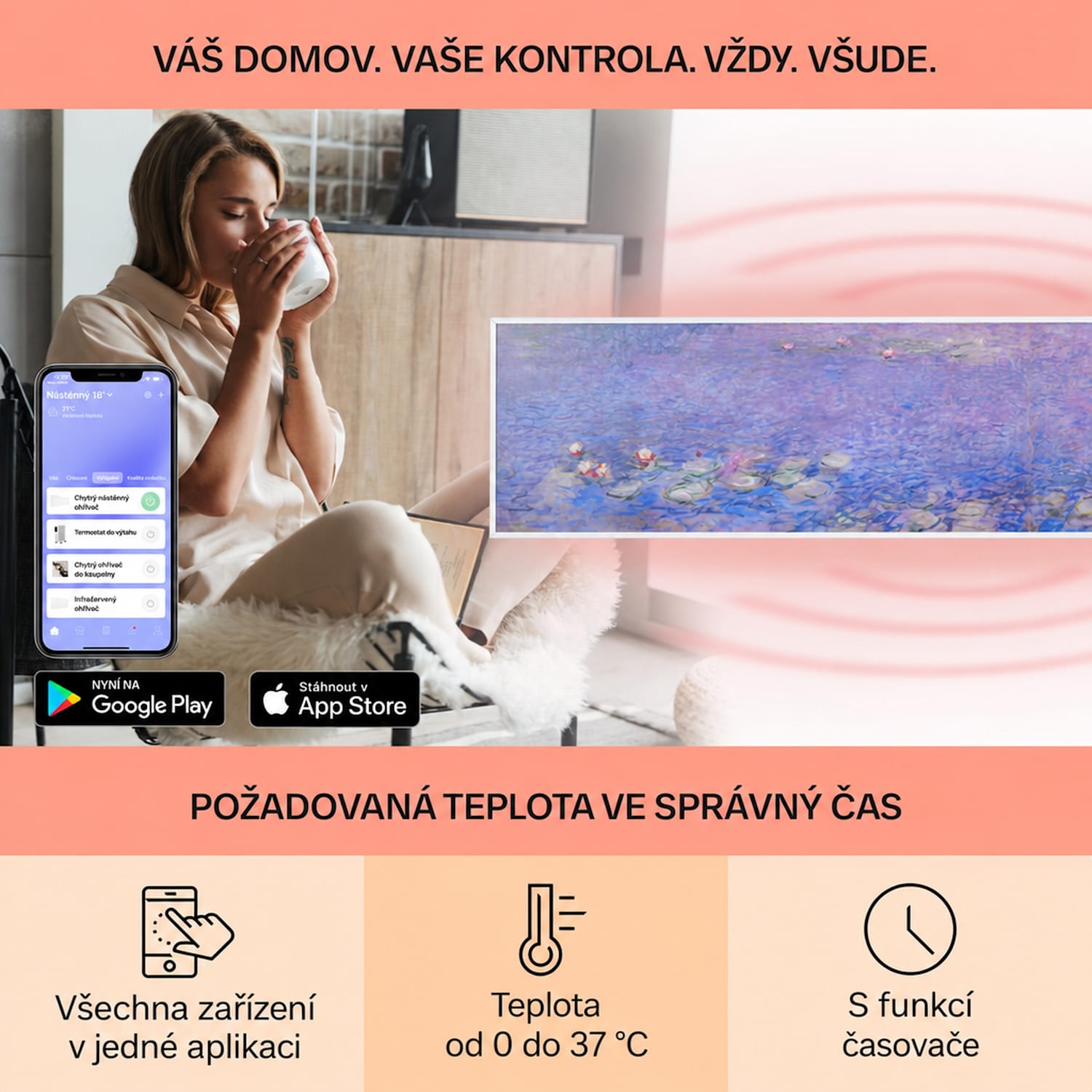Wonderwall Air Art Smart, infračervený ohřívač, 120 x 30 cm, 350 W, aplikace, lekníny 120 x 30 cm / Design: Water Lilies