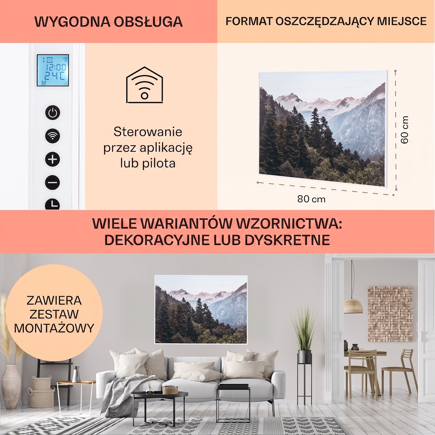Wonderwall Air Art Smart, panel grzewczy na podczerwień, grzejnik, 80 x 60 cm, 500 W, aplikacja, góry 80 x 60 cm | 500 W | Góra