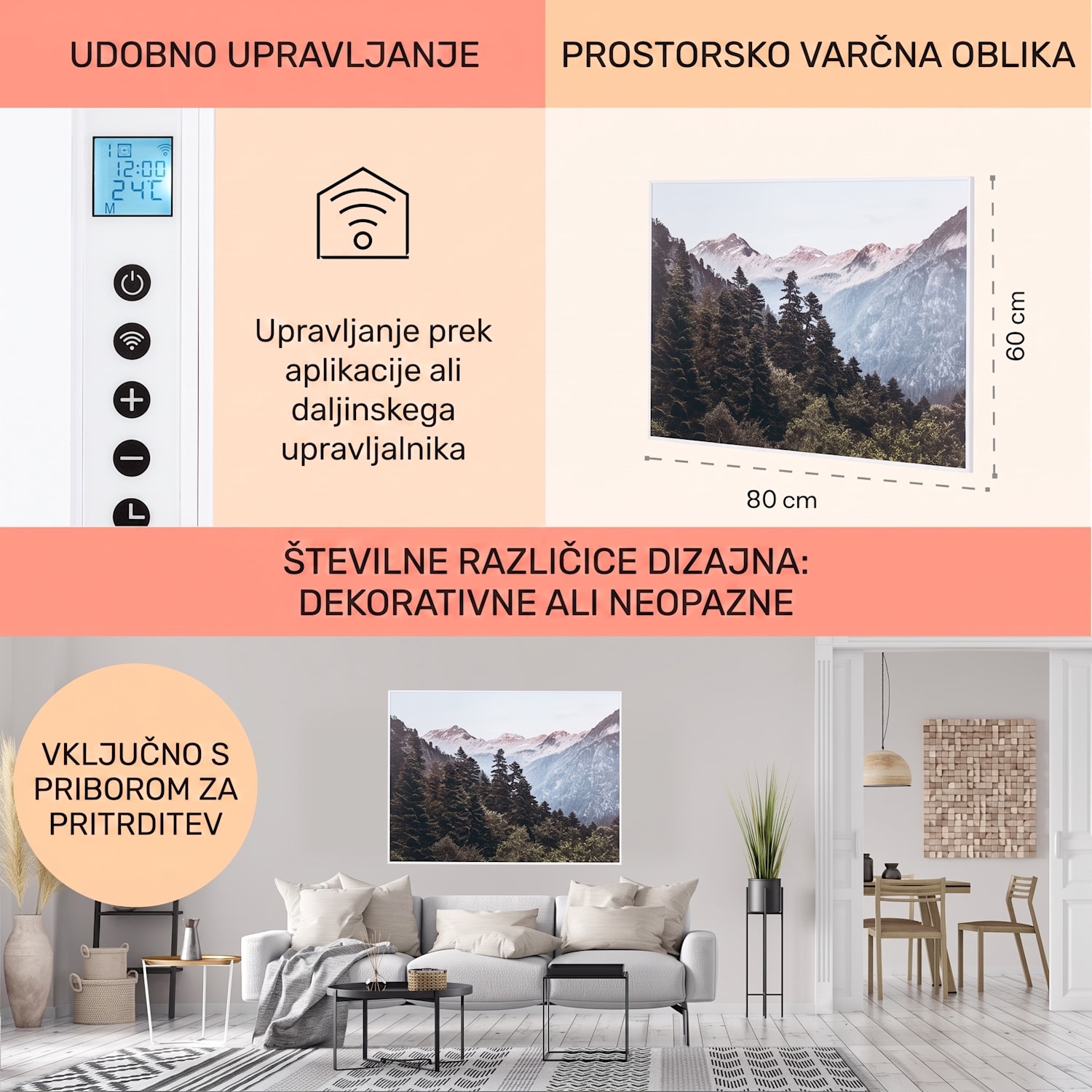 Wonderwall Air Art Smart, infrardeči grelnik, 80 x 60 cm, 500 W, aplikacija, hribi 80 x 60 cm | 500 W | Gora