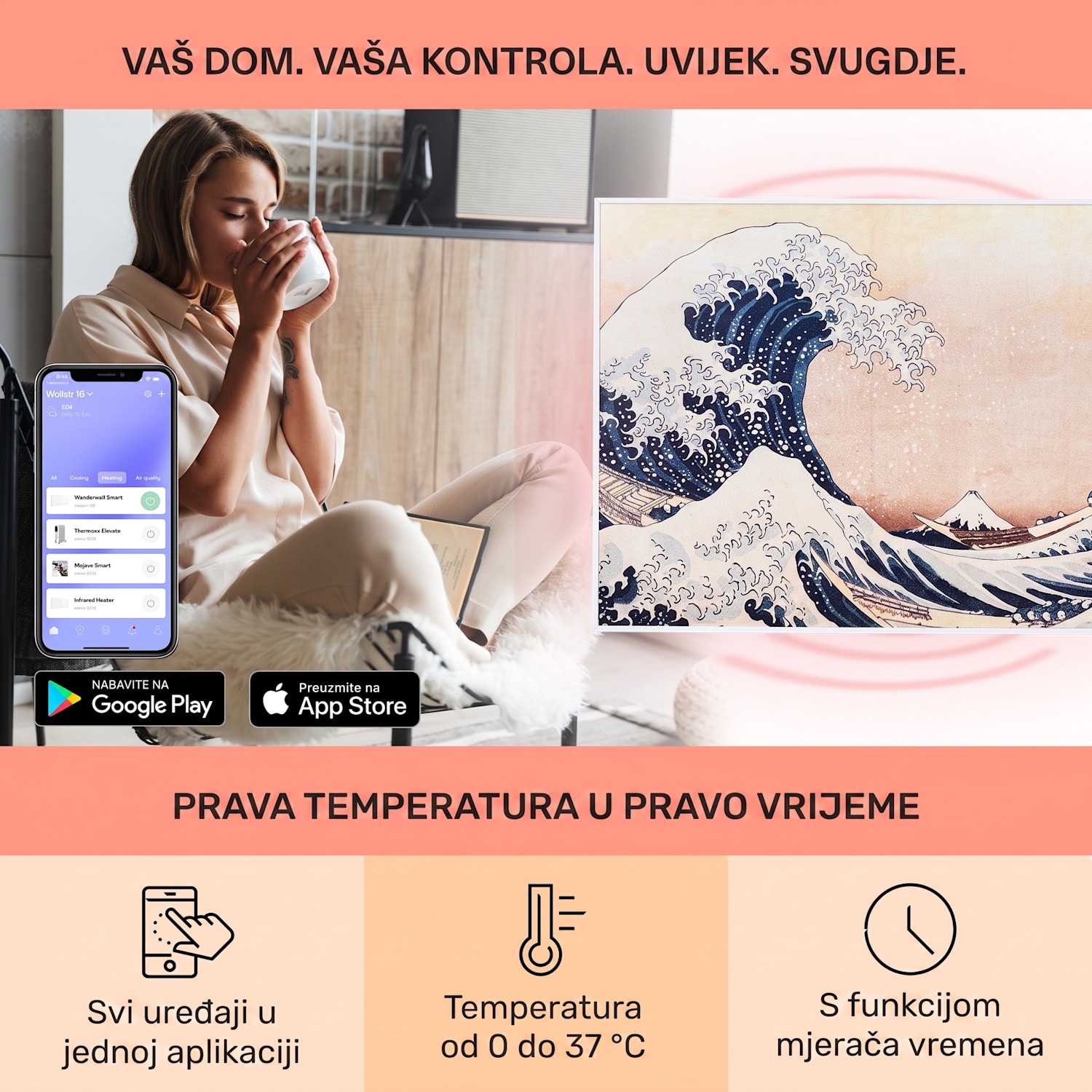 Wonderwall Air Art Smart, infracrveni grijač, 80 x 60 cm, 500 W, aplikacija, plavi valovi 80 x 60 cm | 500 W | Val