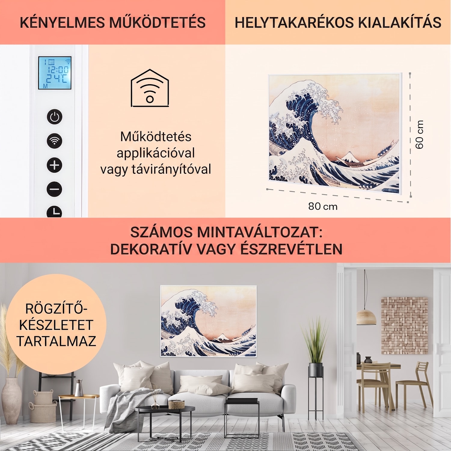 Wonderwall Air Art Smart, infravörös hősugárzó, 80 x 60 cm, 500 W, kék hullámok 80 x 60 cm | 500 W | Hullám