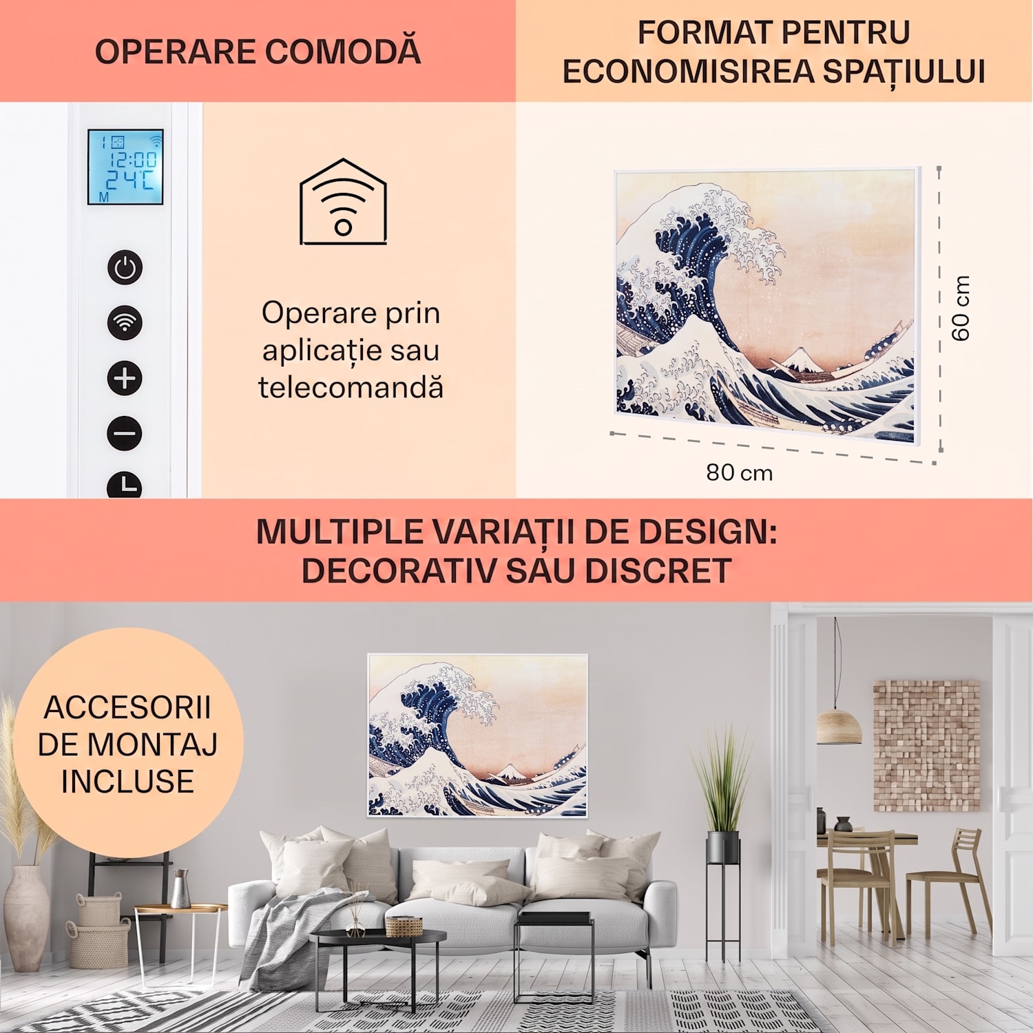 Wonderwall Air Art Smart, încălzitor cu infraroșu, 80 x 60 cm, 500 W, aplicație, valuri albastre 