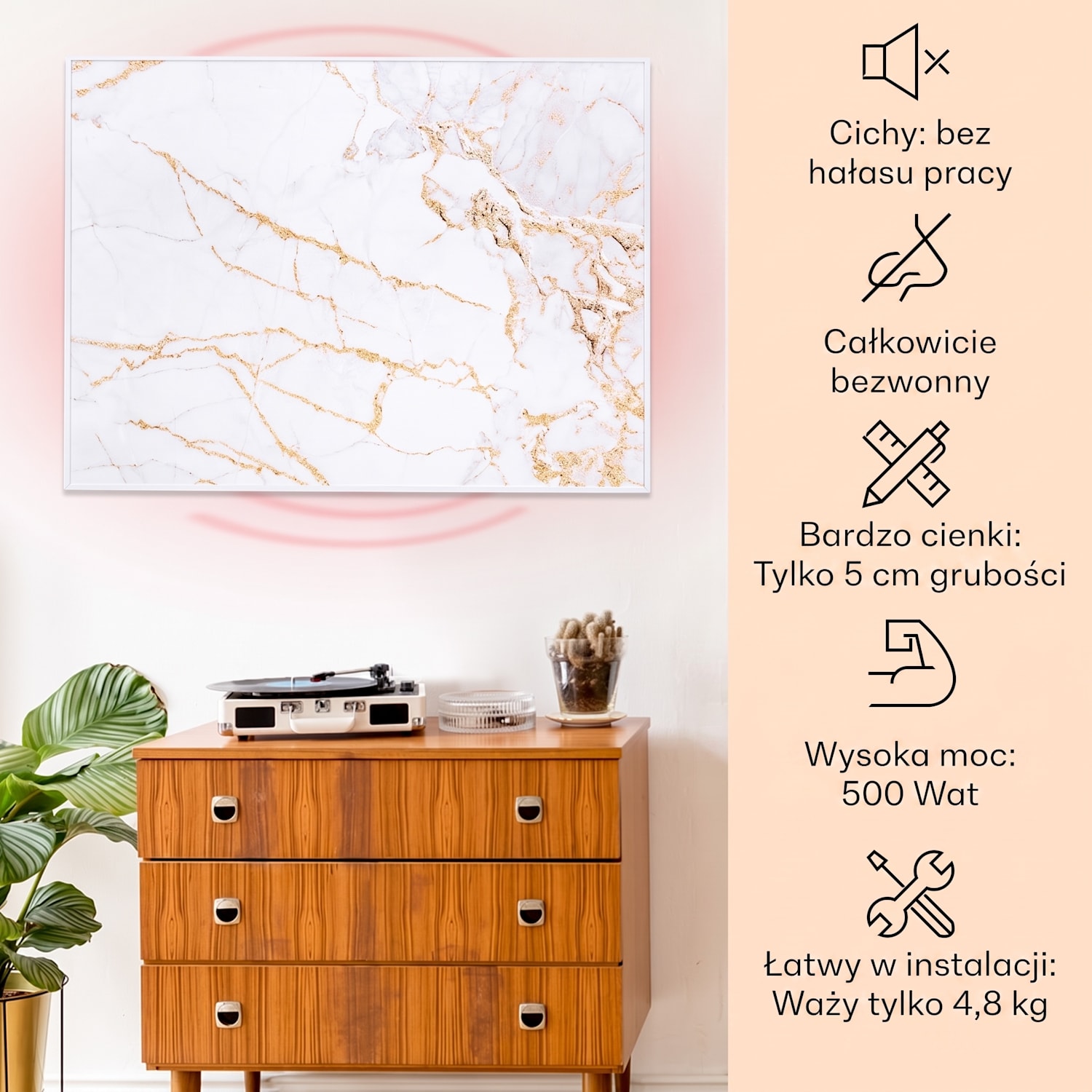 Wonderwall Air Art Smart, panel grzewczy na podczerwień, grzejnik, 80 x 60 cm, 500 W, aplikacja, marmur 80 x 60 cm | 500 W | Marmur