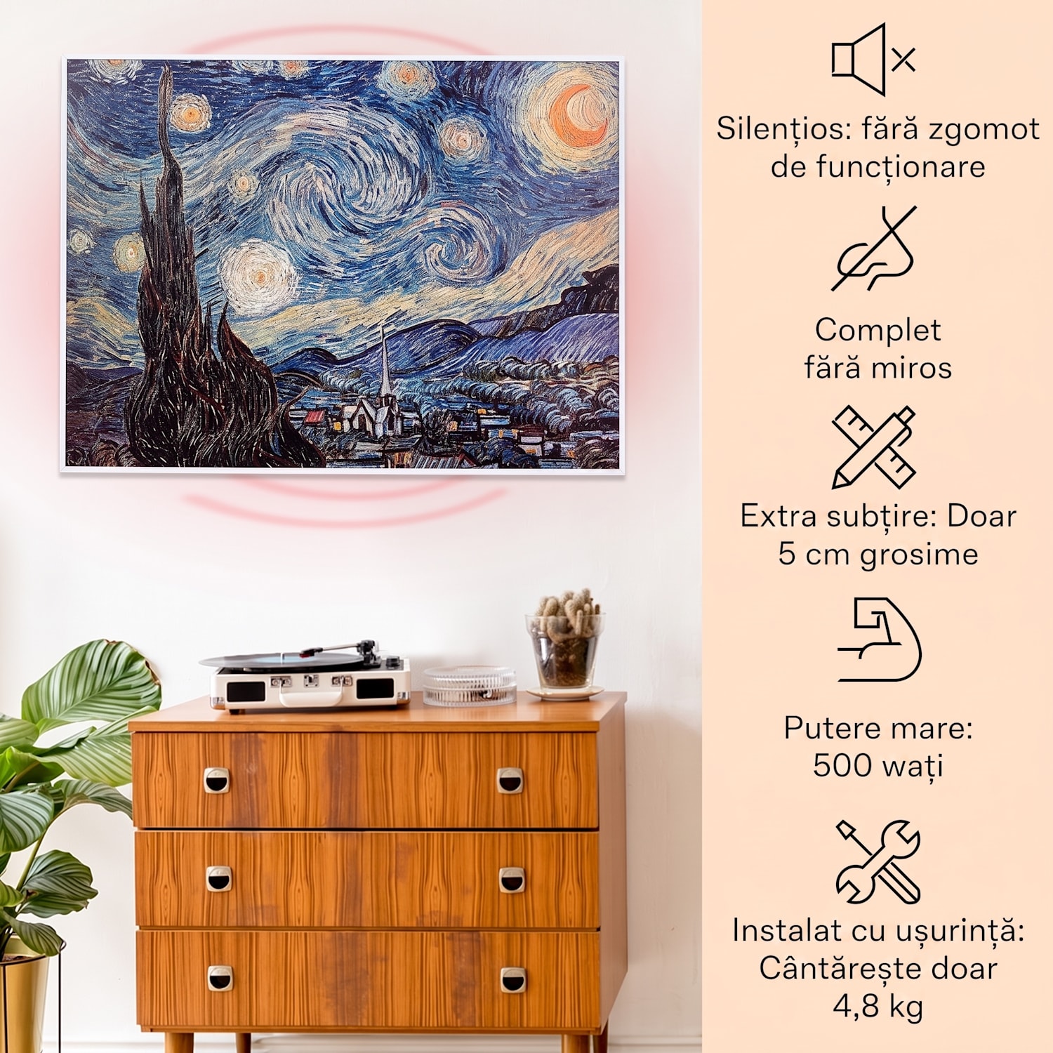 Wonderwall Air Art Smart, încălzitor cu infraroșu, 80 x 60 cm, 500 W, aplicație, stele 80 x 60 cm | 500 W | Noapte înstelată