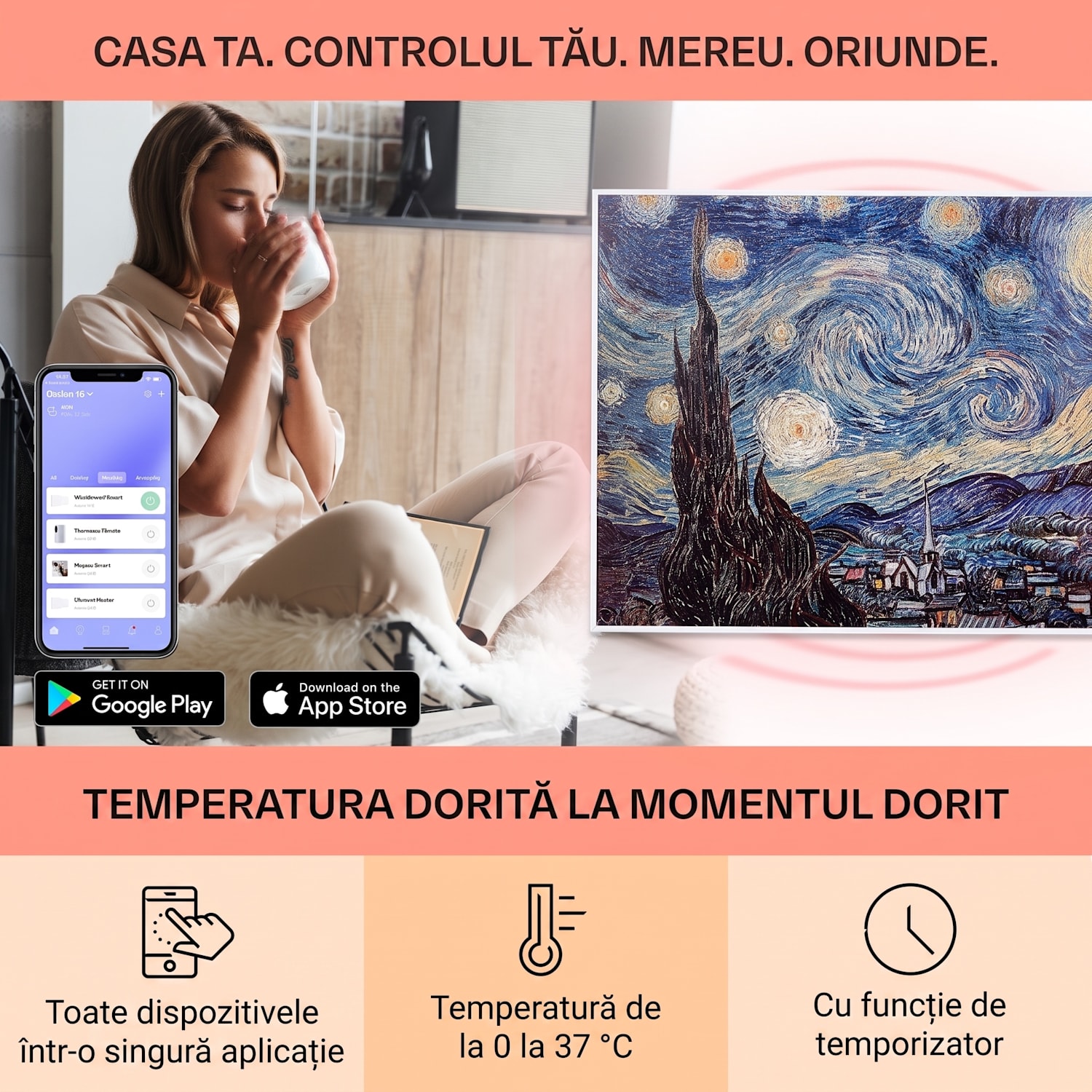 Wonderwall Air Art Smart, încălzitor cu infraroșu, 80 x 60 cm, 500 W, aplicație, stele 80 x 60 cm | 500 W | Noapte înstelată