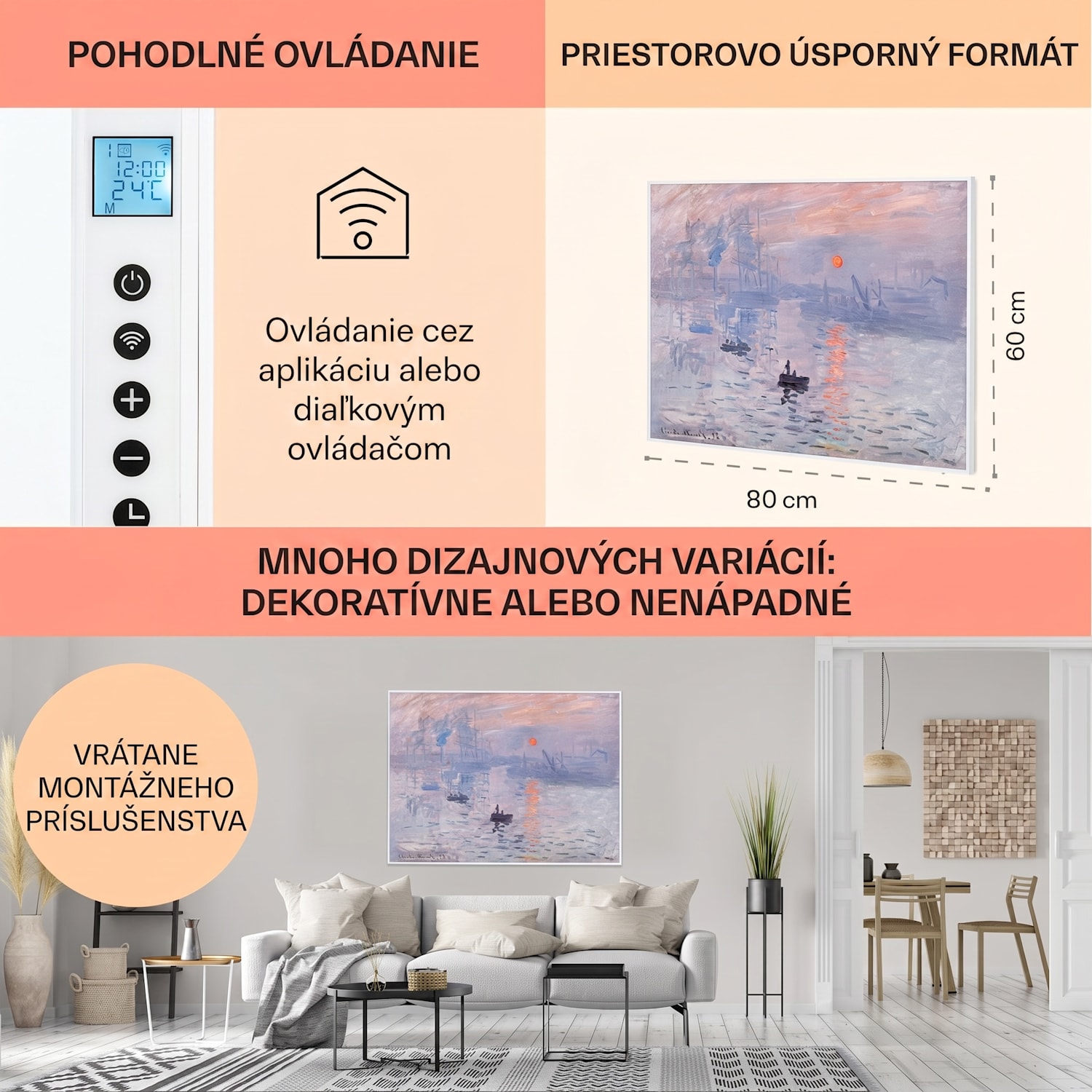 Wonderwall Air Art Smart, infračervený ohrievač, 80 x 60 cm, 500 W, východ slnka 