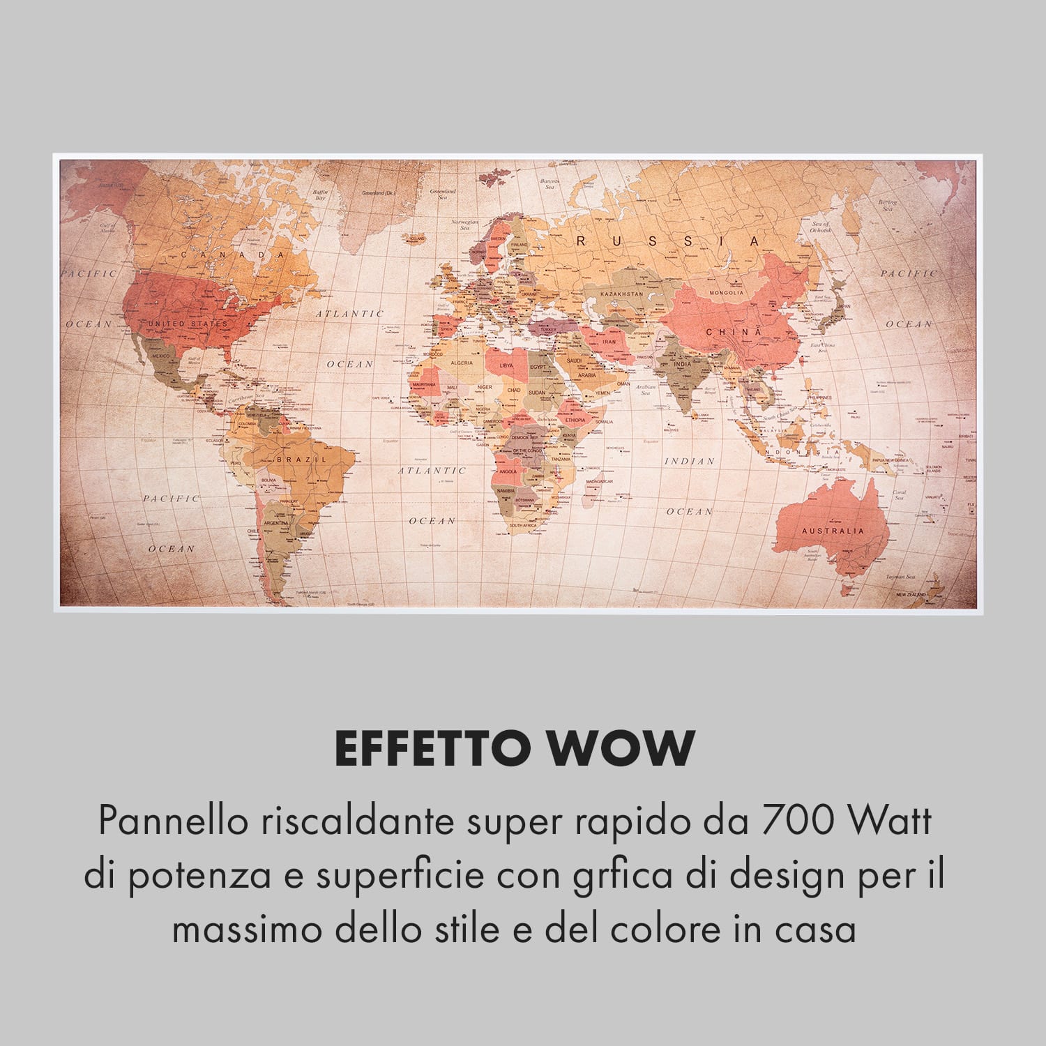 Wonderwall Air Art Smart Pannello Radiante Infrarossi 120x60cm 700W App Mondo 120 x 60 cm | 700 W | Mappa del mondo – vintage