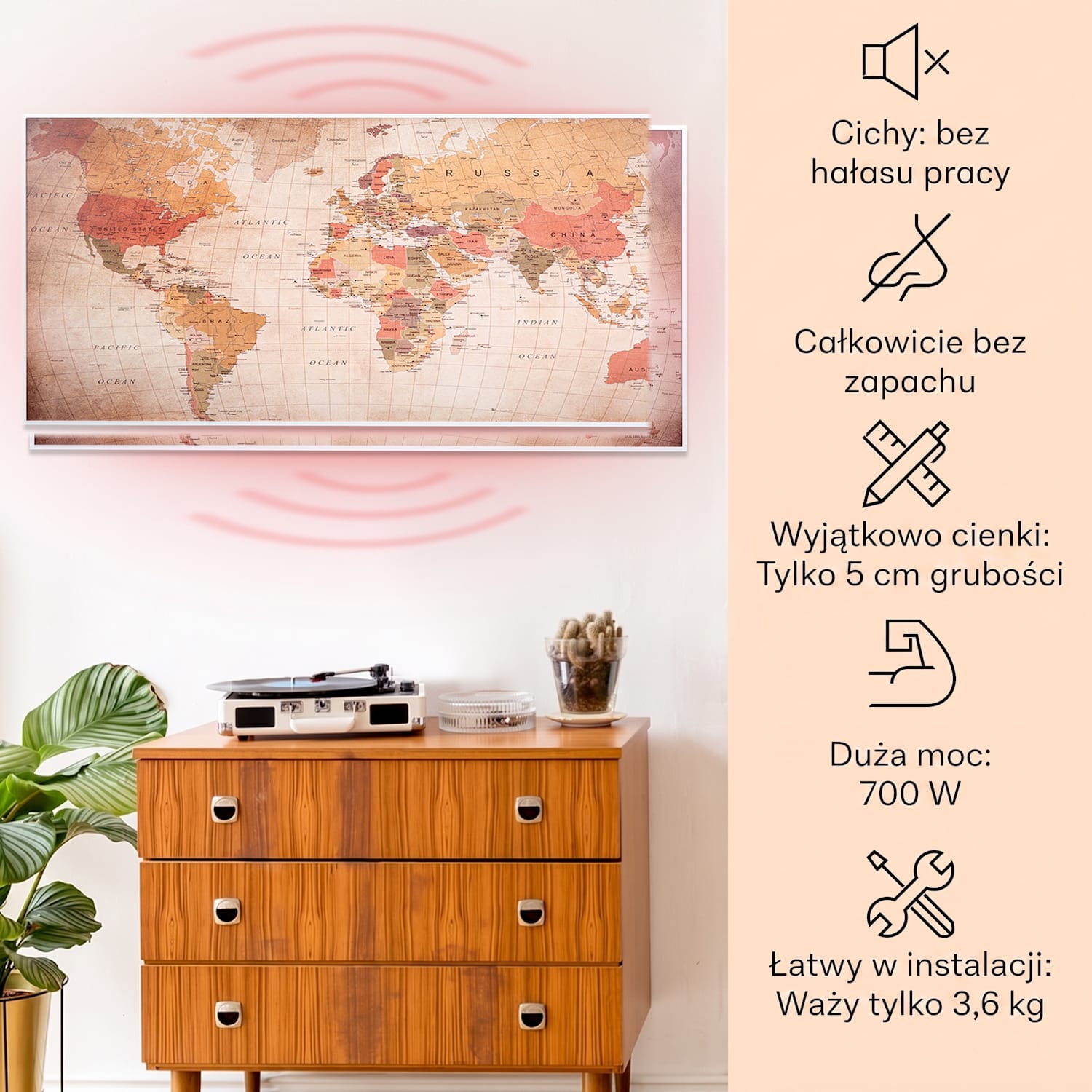Wonderwall Air Art Smart, panel grzewczy na podczerwień, grzejnik, 120 x 60 cm, 700 W, aplikacja 120 x 60 cm | 700 W | Mapa świata – vintage