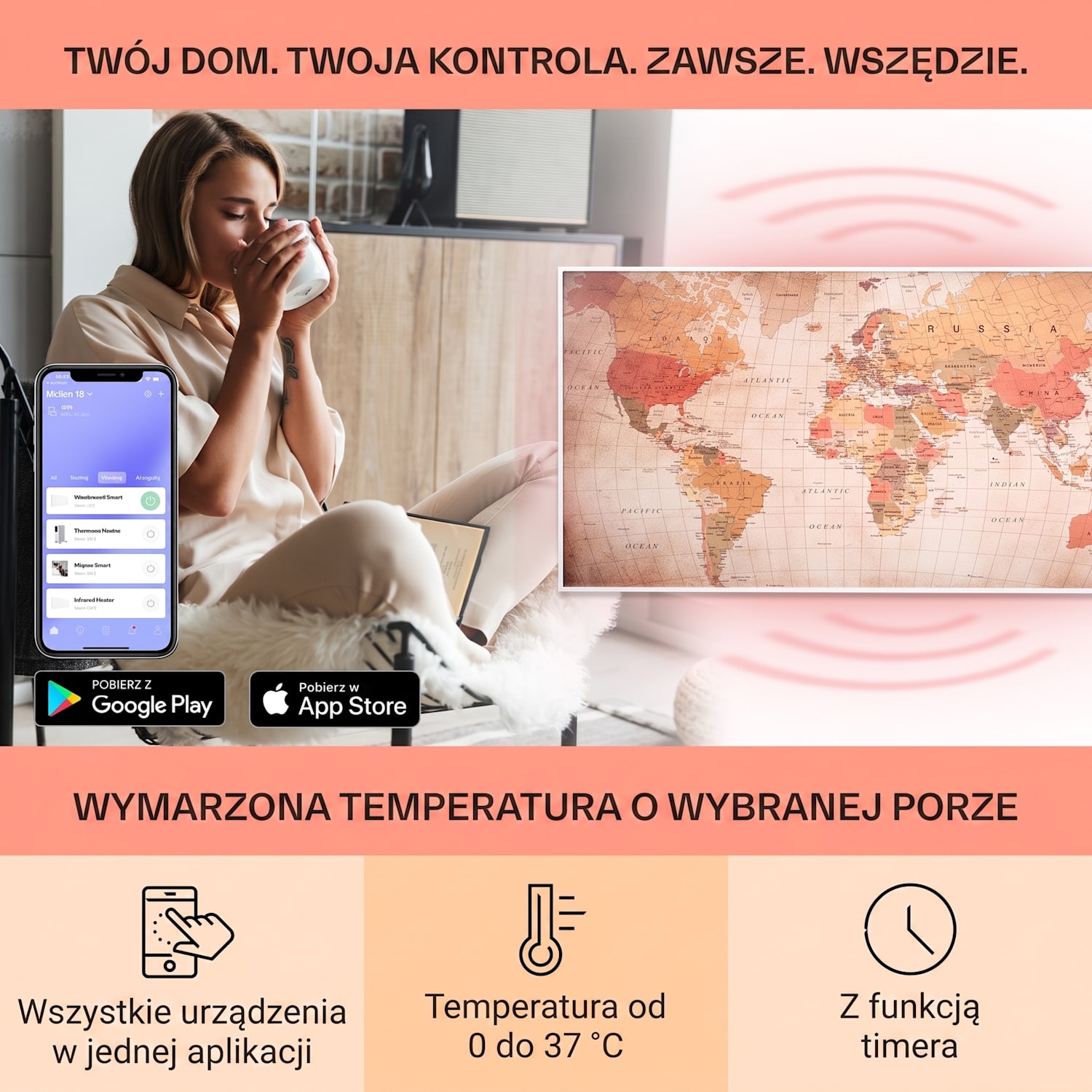 Wonderwall Air Art Smart, panel grzewczy na podczerwień, grzejnik, 120 x 60 cm, 700 W, aplikacja 120 x 60 cm | 700 W | Mapa świata – vintage