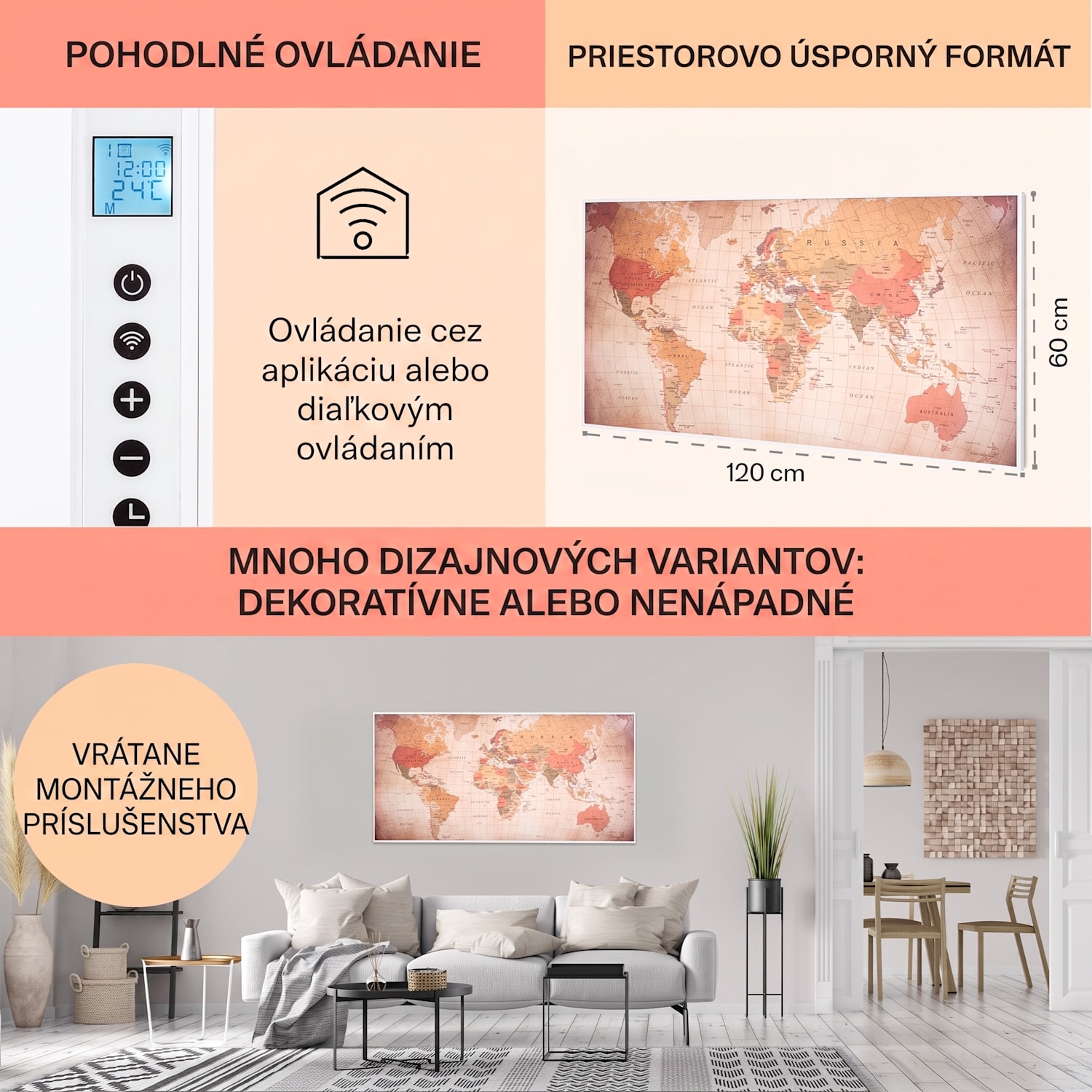 Wonderwall Air Art Smart, infračervený ohrievač, 120 x 60 cm, 700 W, aplikácia, svet 120 x 60 cm | 700 W | Mapa sveta – vintage
