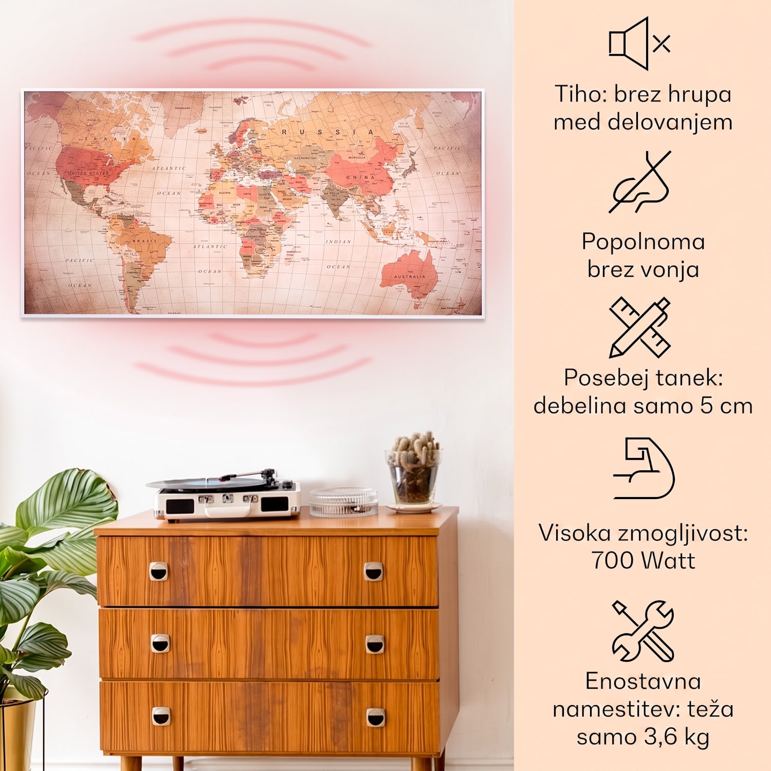 Wonderwall Air Art Smart, infrardeči grelec, 120 x 60 cm, 700 W, aplikacija, svet 120 x 60 cm | 700 W | Zemljevid sveta – vintage