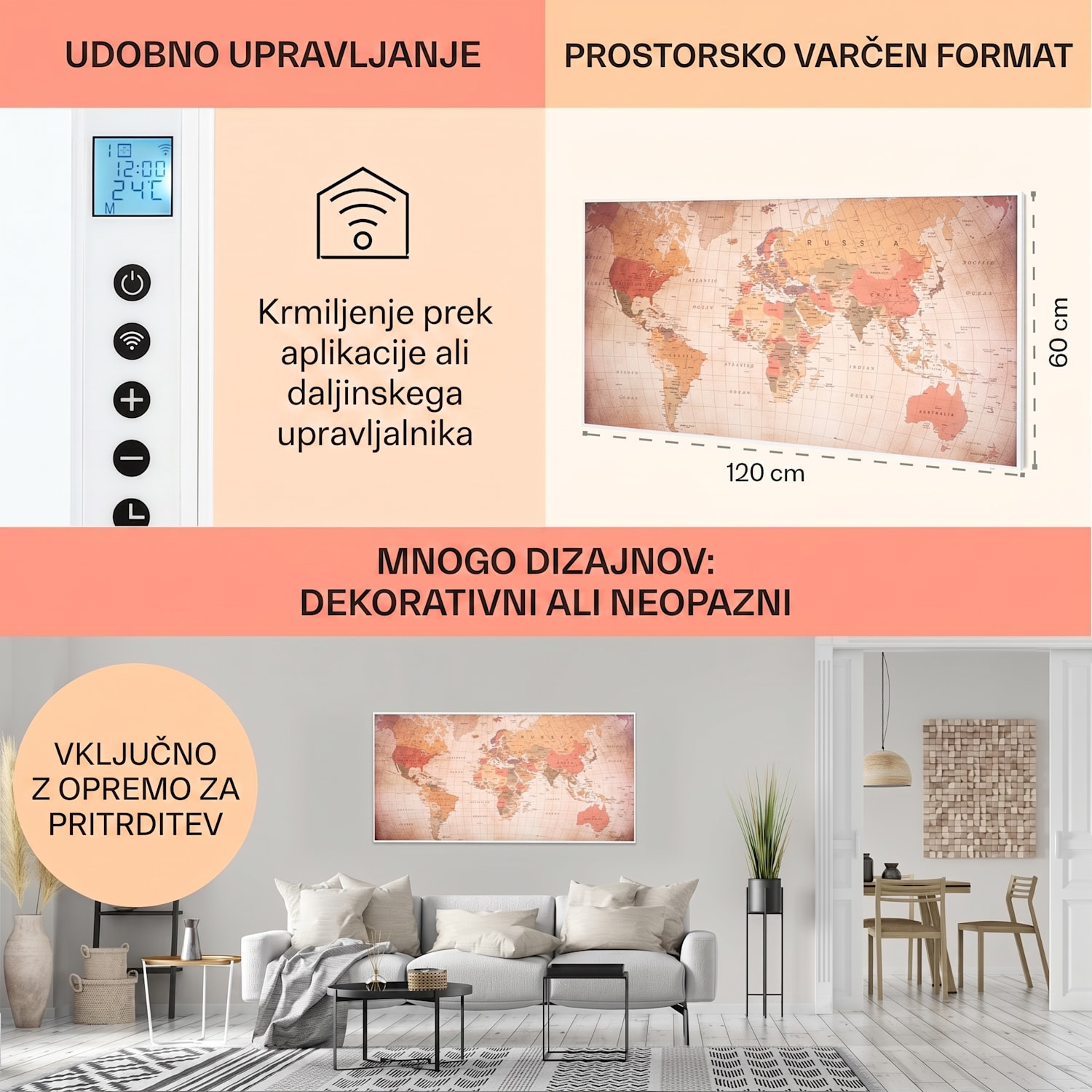 Wonderwall Air Art Smart, infrardeči grelec, 120 x 60 cm, 700 W, aplikacija, svet 120 x 60 cm | 700 W | Zemljevid sveta – vintage