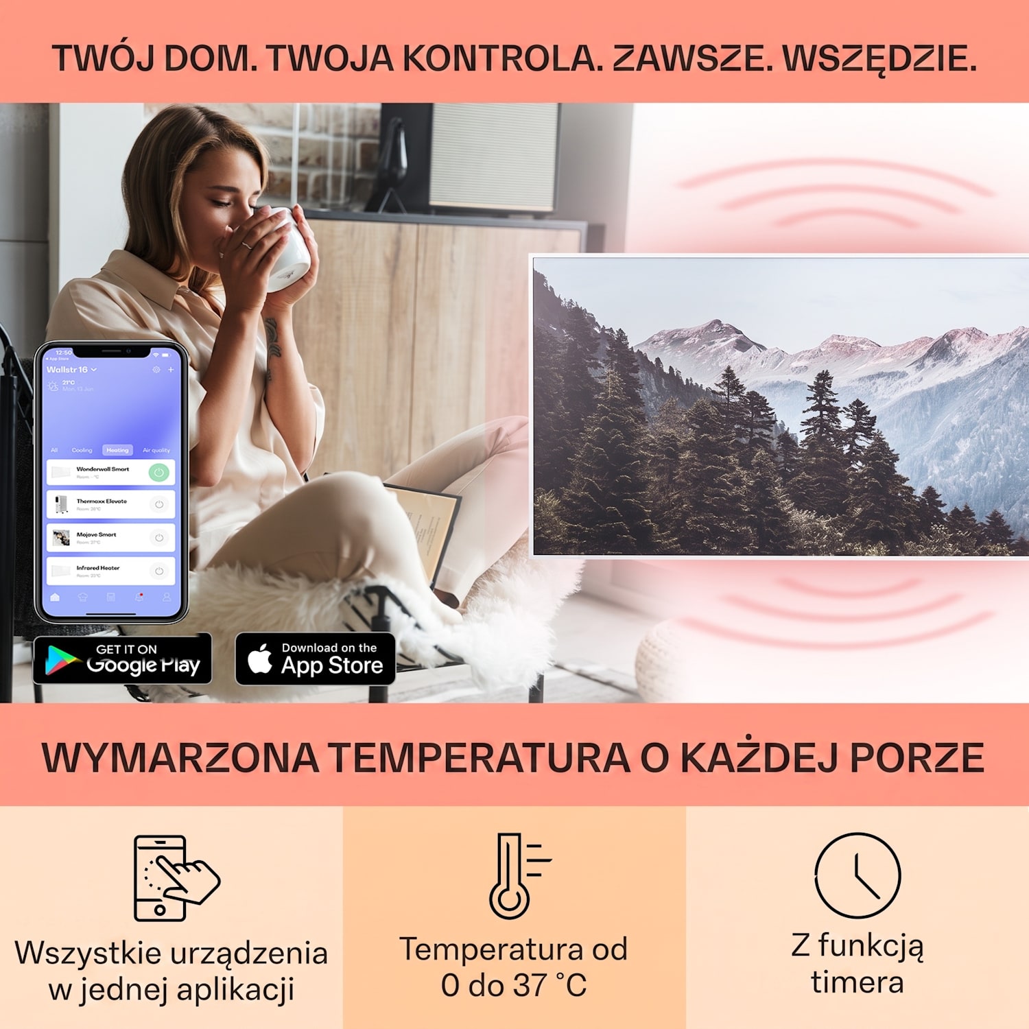 Wonderwall Air Art Smart, panel grzewczy na podczerwień, grzejnik, 120 x 60 cm, 700 W, aplikacja 120 x 60 cm | 700 W | Góra
