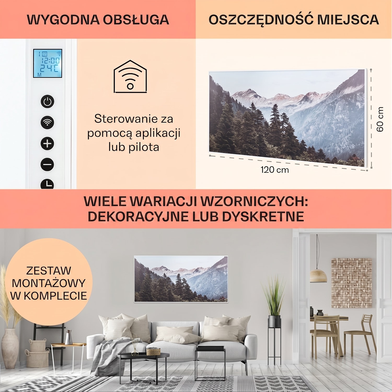 Wonderwall Air Art Smart, panel grzewczy na podczerwień, grzejnik, 120 x 60 cm, 700 W, aplikacja 120 x 60 cm | 700 W | Góra
