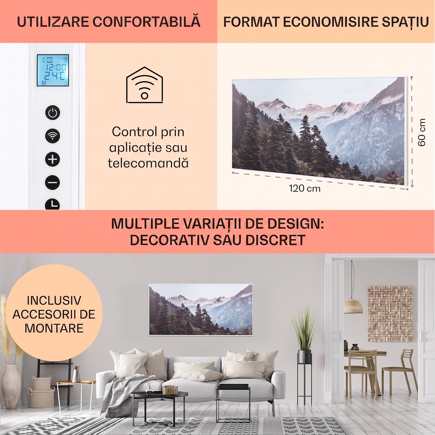Wonderwall Air Art Smart, încălzitor cu infraroșu, 120 x 60 cm, 700 W, aplicație, munte 120 x 60 cm | 700 W | Munte
