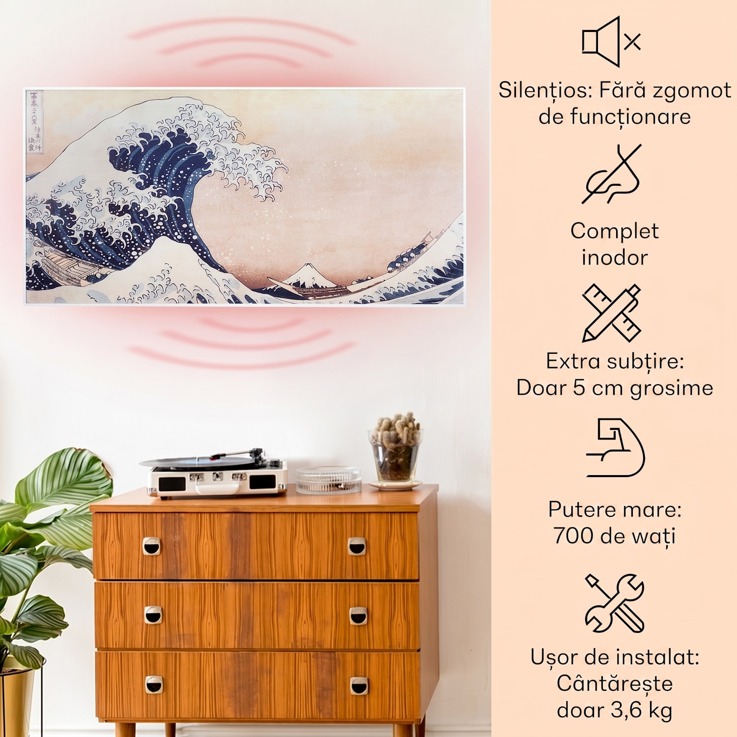Wonderwall Air Art Smart, încălzitor cu infraroșu, 120 x 60 cm, 700 W, aplicație, valuri 120 x 60 cm | 700 W | Val