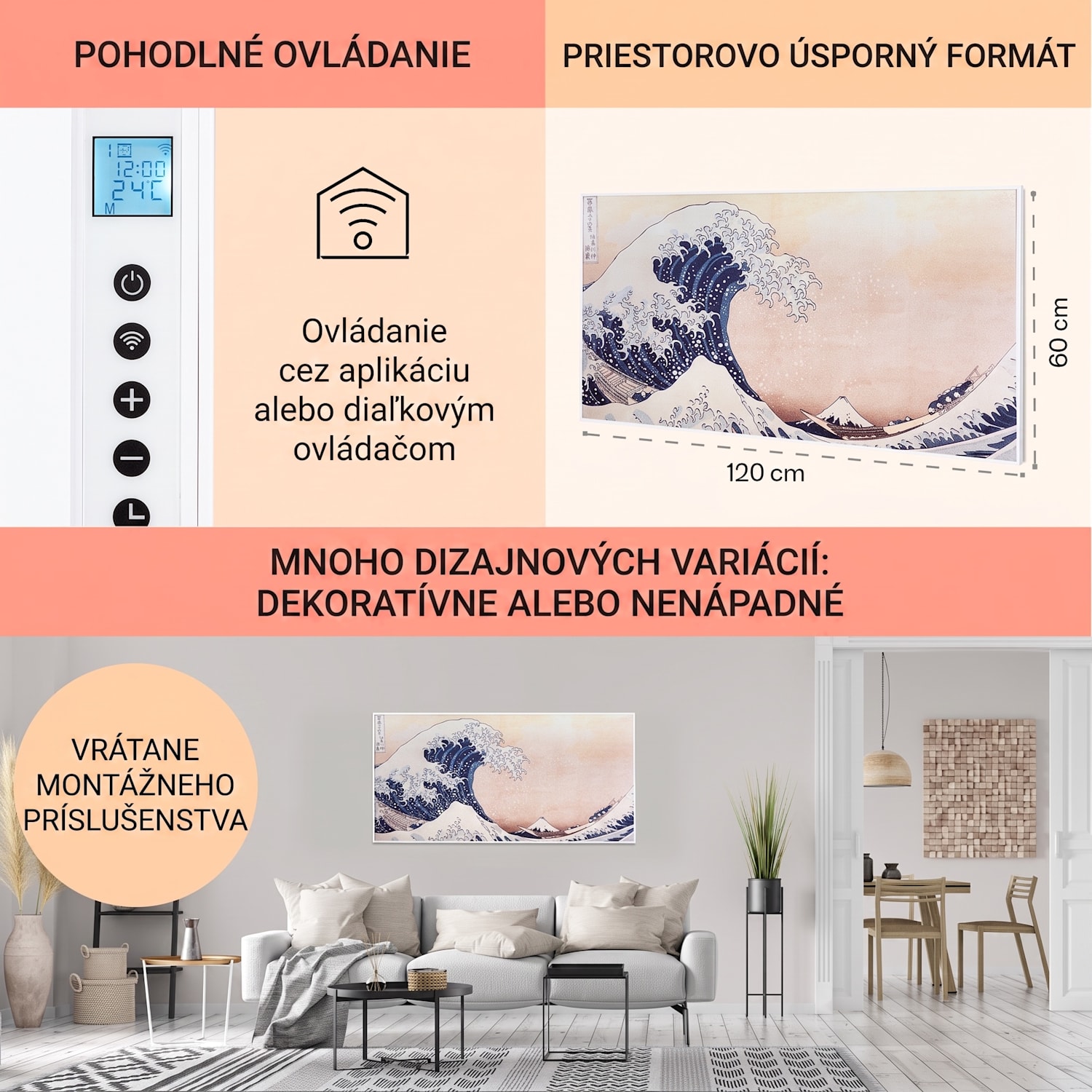 Wonderwall Air Art Smart, infračervený ohrievač, 120 x 60 cm, 700 W, aplikácia, vlny 120 x 60 cm | 700 W | Vlna