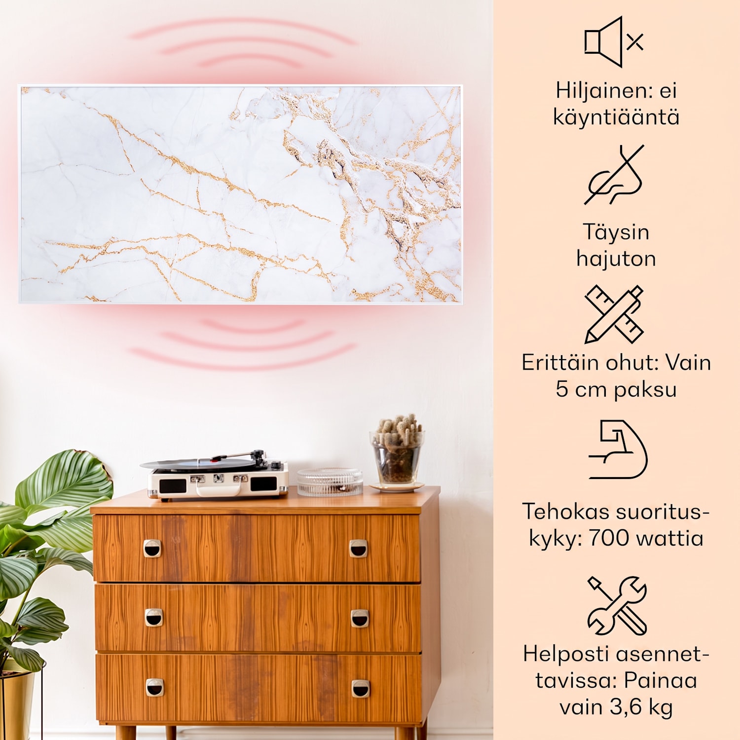 Wonderwall Air Art Smart infrapunalämmitin 120 x 60 cm 700 W sovellus marmori I 120 x 60 cm | 700 W | Marble | abstrakti