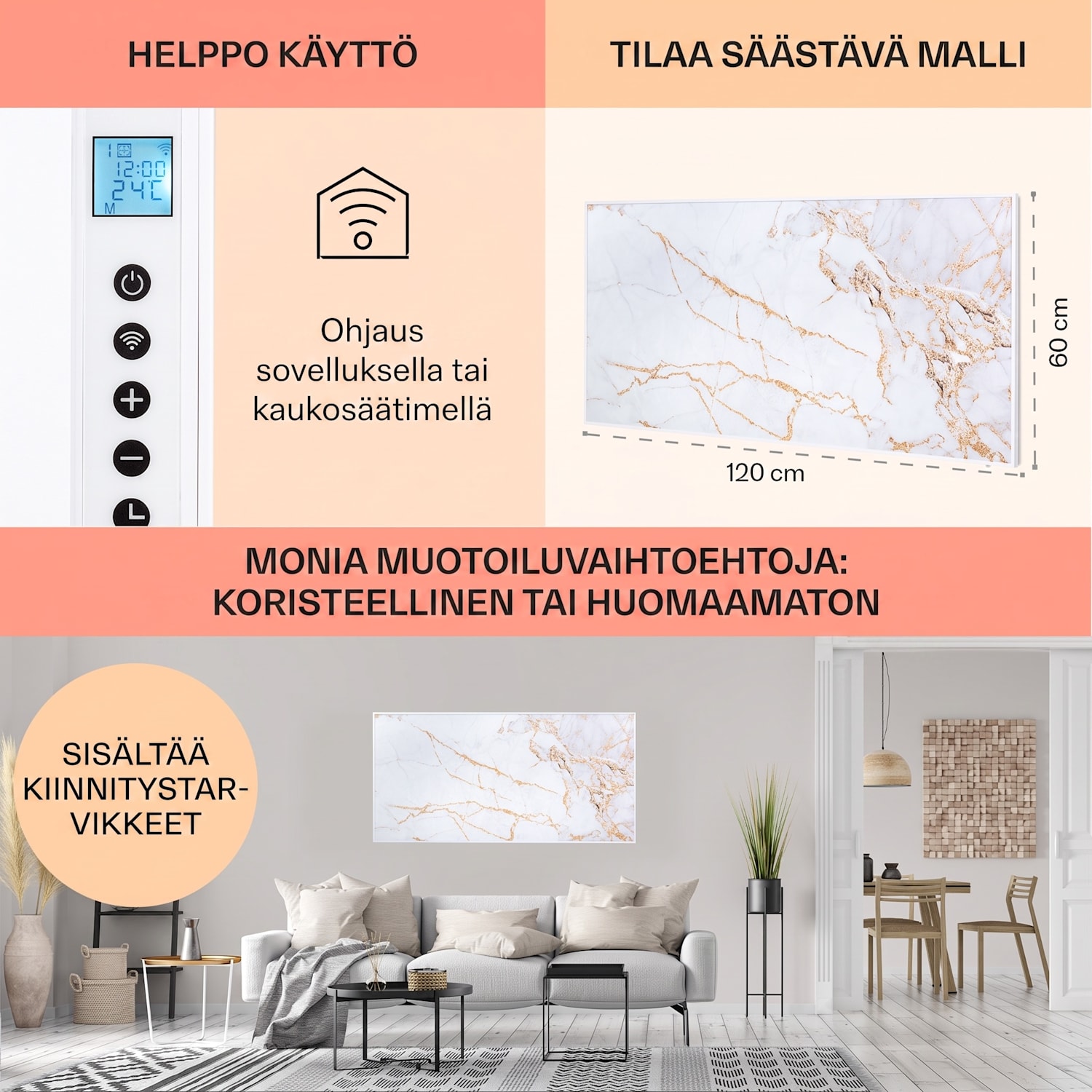 Wonderwall Air Art Smart infrapunalämmitin 120 x 60 cm 700 W sovellus marmori I 120 x 60 cm | 700 W | Marble | abstrakti