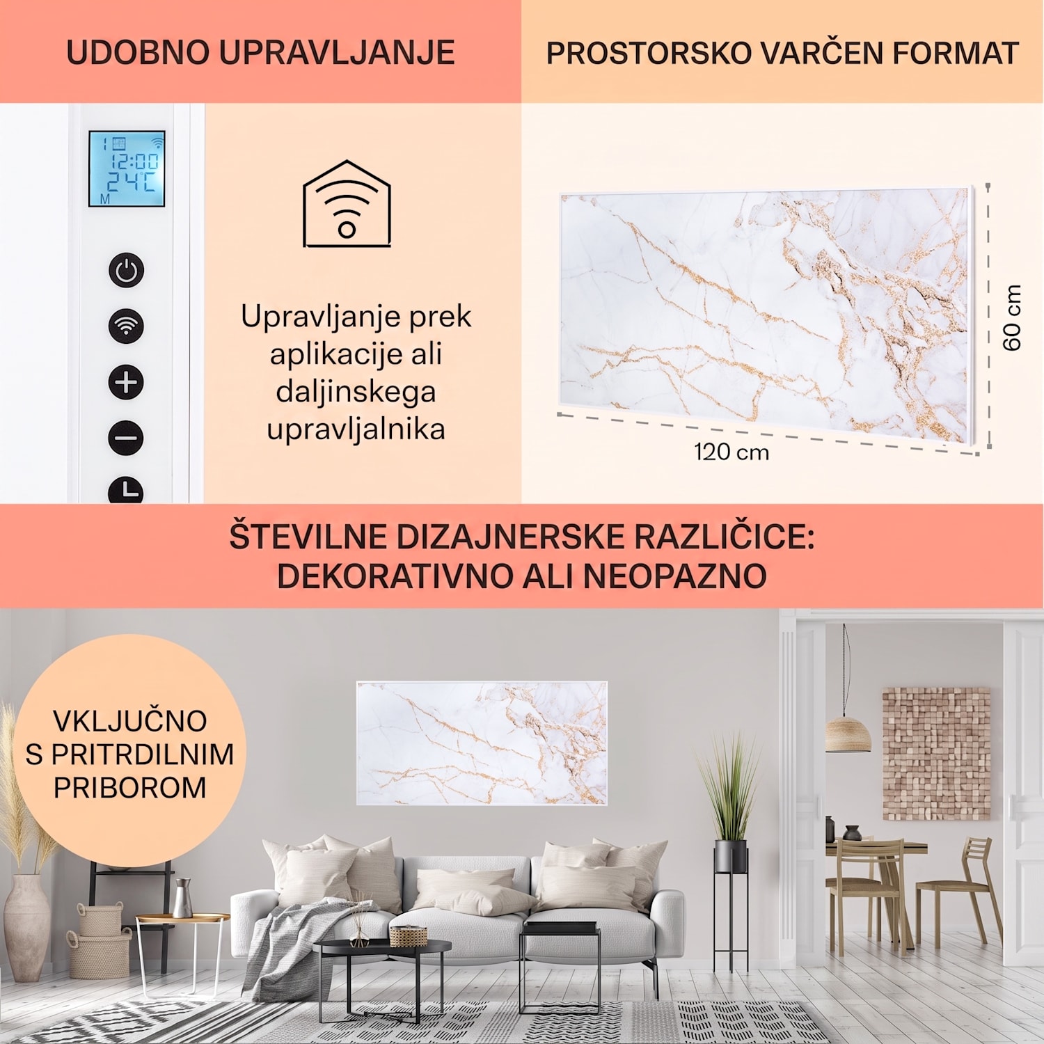 Wonderwall Air Art Smart, infrardeči grelec, 120 x 60 cm, 700 W, aplikacija, marmor I 120 x 60 cm | 700 W | Marmor | Povzetek