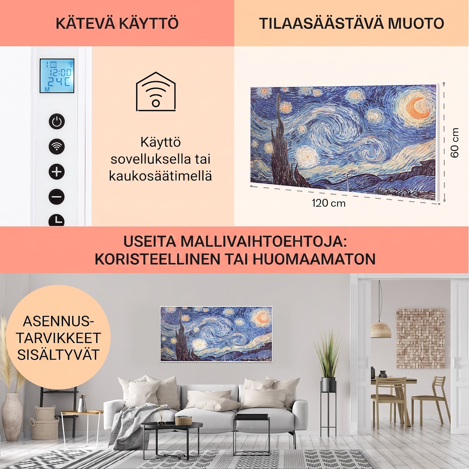 Wonderwall Air Art Smart infrapunalämmitin 120 x 60 cm 700 W sovellus tähdet 120 x 60 cm | 700 W | Starry Night
