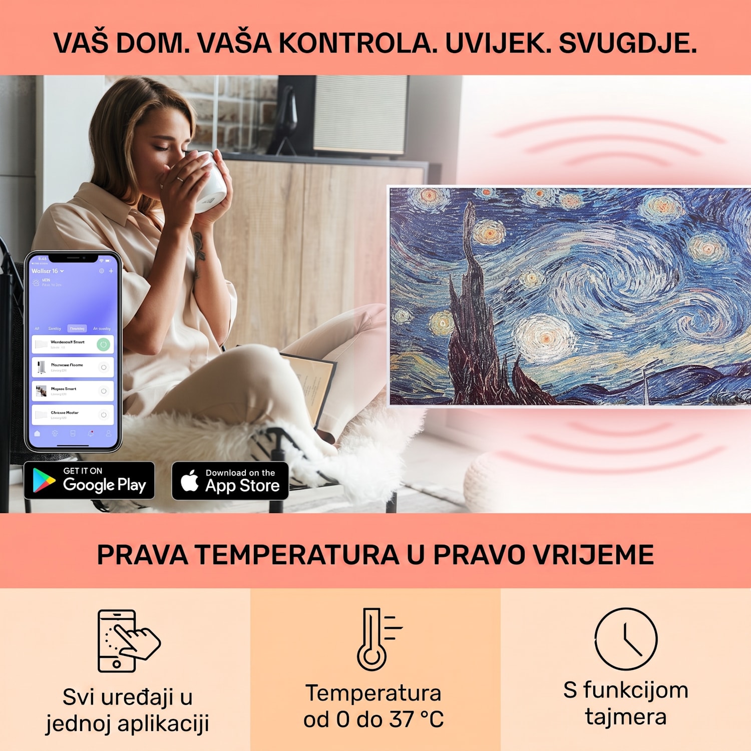 Wonderwall Air Art Smart, infracrveni grijač, 120 x 60 cm, 700 W, aplikacija, zvijezde 120 x 60 cm | 700 W | Zvjezdana noć