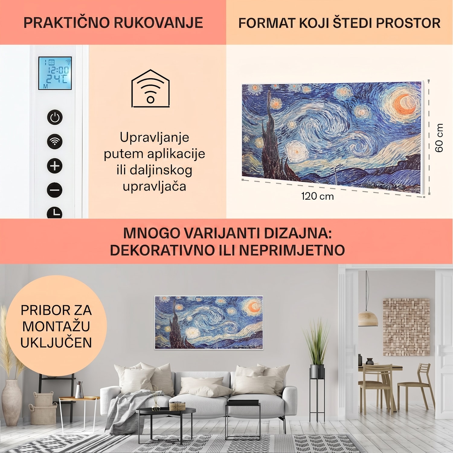 Wonderwall Air Art Smart, infracrveni grijač, 120 x 60 cm, 700 W, aplikacija, zvijezde 120 x 60 cm | 700 W | Zvjezdana noć