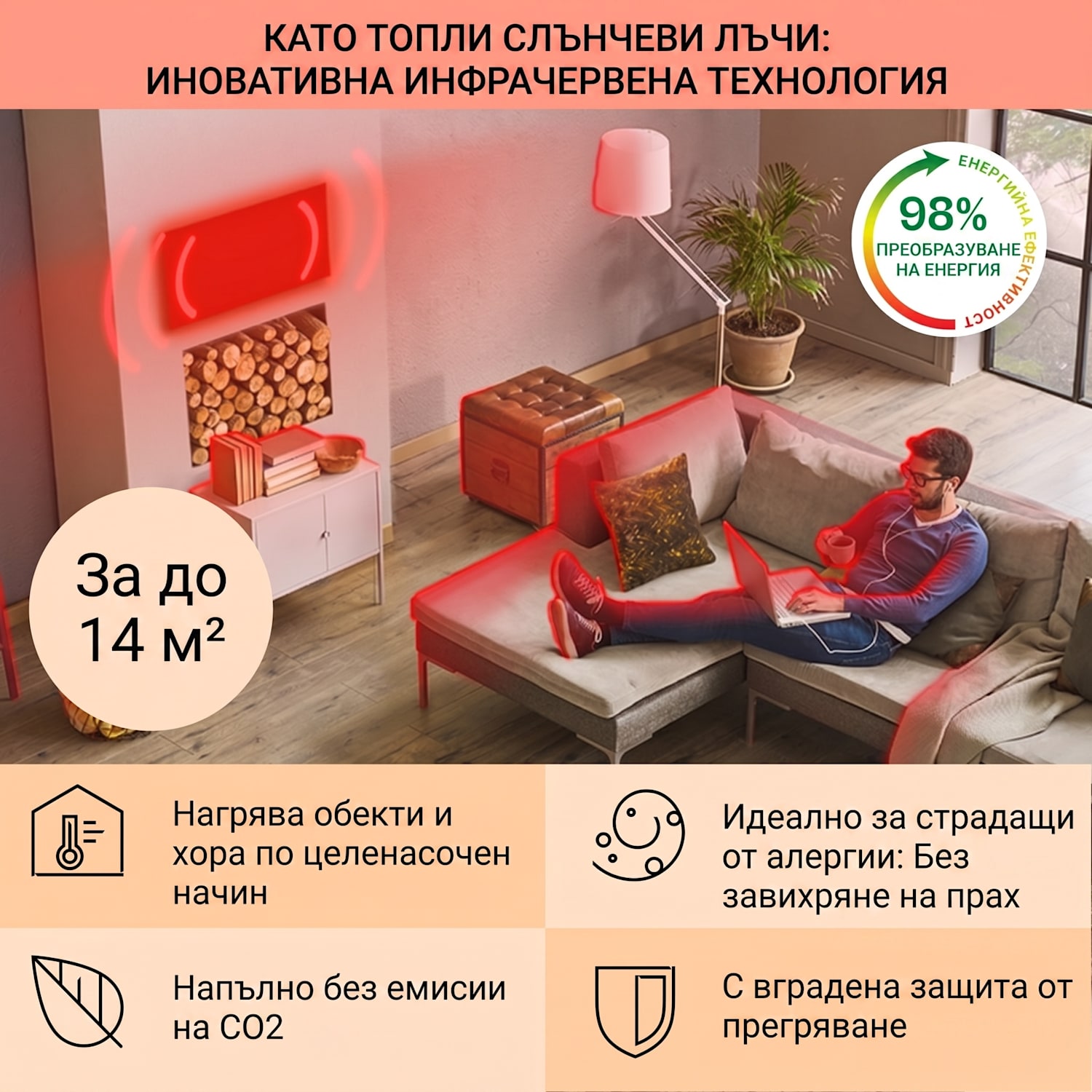 Wonderwall Air Art Smart, инфрачервен нагревател, 120 х 60 см, 700 W, приложение, изгрев 120 x 60 cm | 700 W | Sunrise