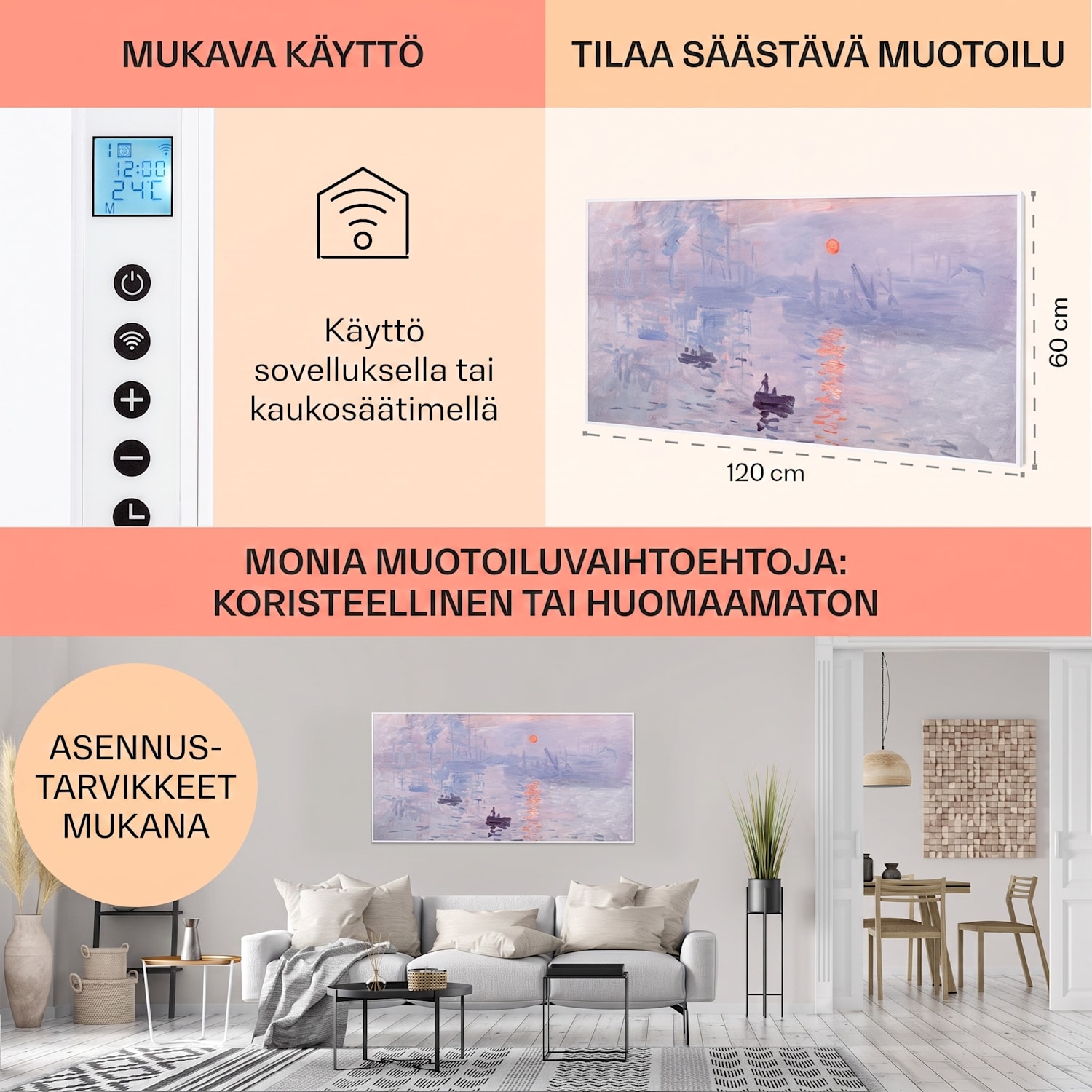 Wonderwall Air Art Smart infrapunalämmitin 120 x 60 cm 700 W sovellus auringonnousu 120 x 60 cm | 700 W | Sunrise