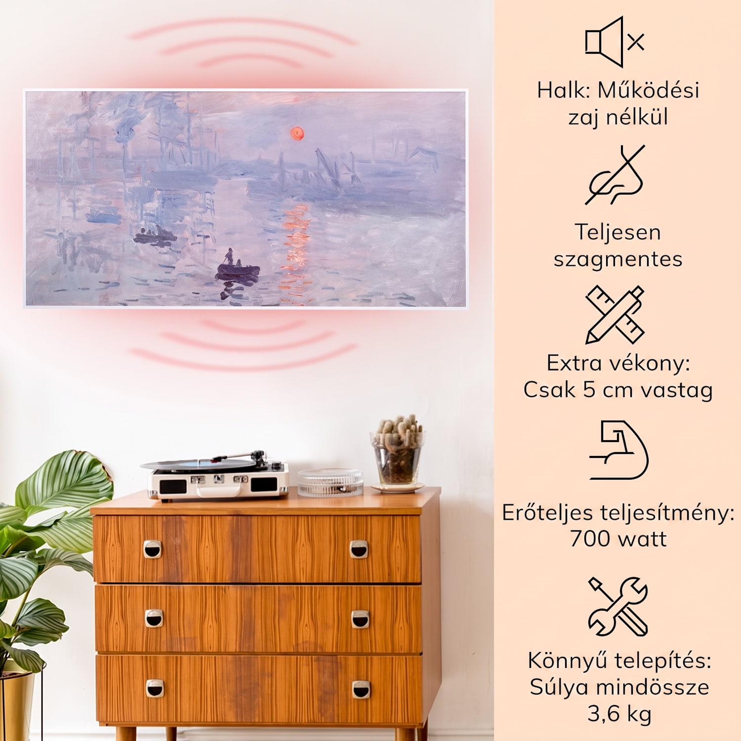 Wonderwall Air Art Smart, infravörös hősugárzó, 120 x 60 cm, 700 W, alkalmazás, napfelkelte 120 x 60 cm | 700 W | Napfelkelte
