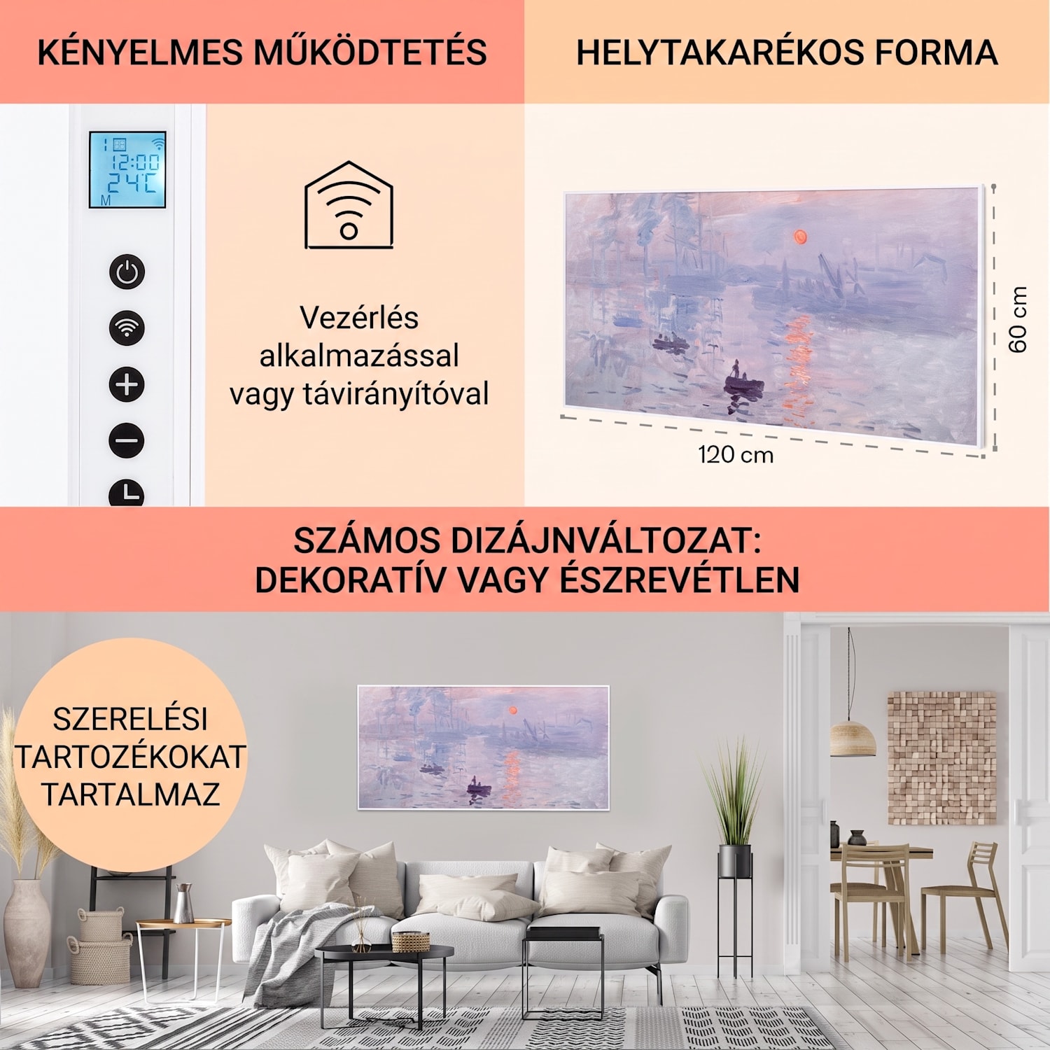 Wonderwall Air Art Smart, infravörös hősugárzó, 120 x 60 cm, 700 W, alkalmazás, napfelkelte 120 x 60 cm | 700 W | Napfelkelte