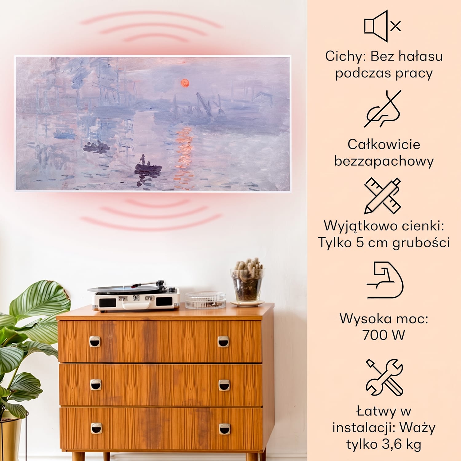 Wonderwall Air Art Smart, panel grzewczy na podczerwień, grzejnik, 120 x 60 cm, 700 W, aplikacja 120 x 60 cm | 700 W | Wschód słońca
