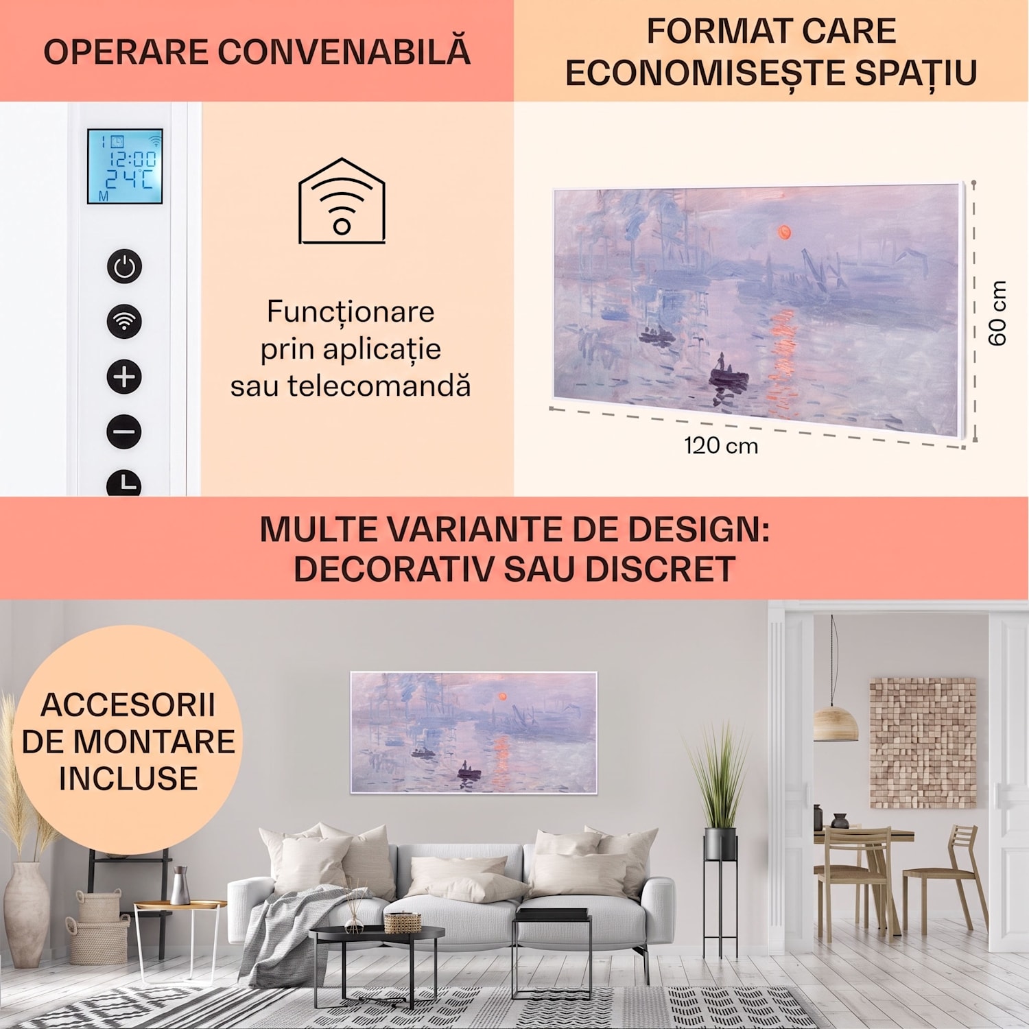 Wonderwall Air Art Smart, încălzitor cu infraroșu, 120 x 60 cm, 700 W, aplicație, răsărit de soare 120 x 60 cm | 700 W | Răsărit