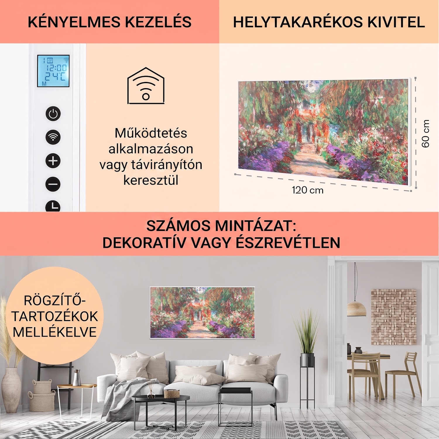 Wonderwall Air Art Smart, infravörös hősugárzó, 120 x 60 cm, 700 W, alkalmazás, kerti ösvény 