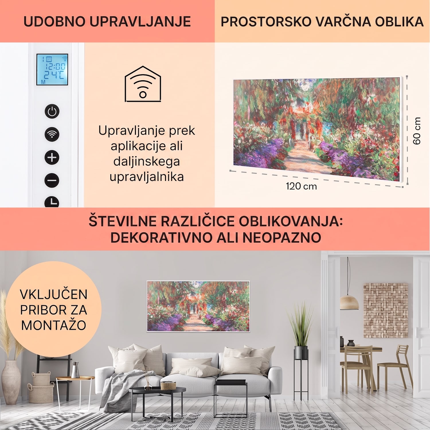 Wonderwall Air Art Smart, infrardeči grelec, 120 x 60 cm, 700 W, aplikácia, vrtna pot 120 x 60 cm | 700 W | Vrt
