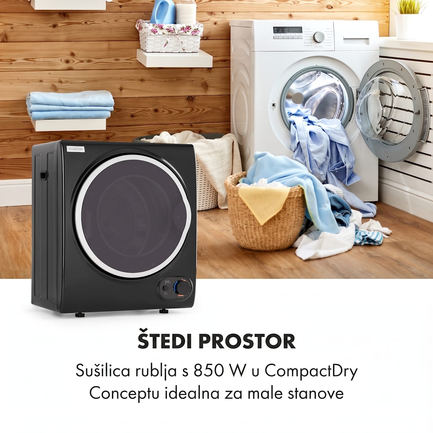 Jet Set 2500, sušilica za rublje, sušilica s odvodom vlažnog zraka, 850W, TEE C, 2,5 kg, 50 cm, crna Crna