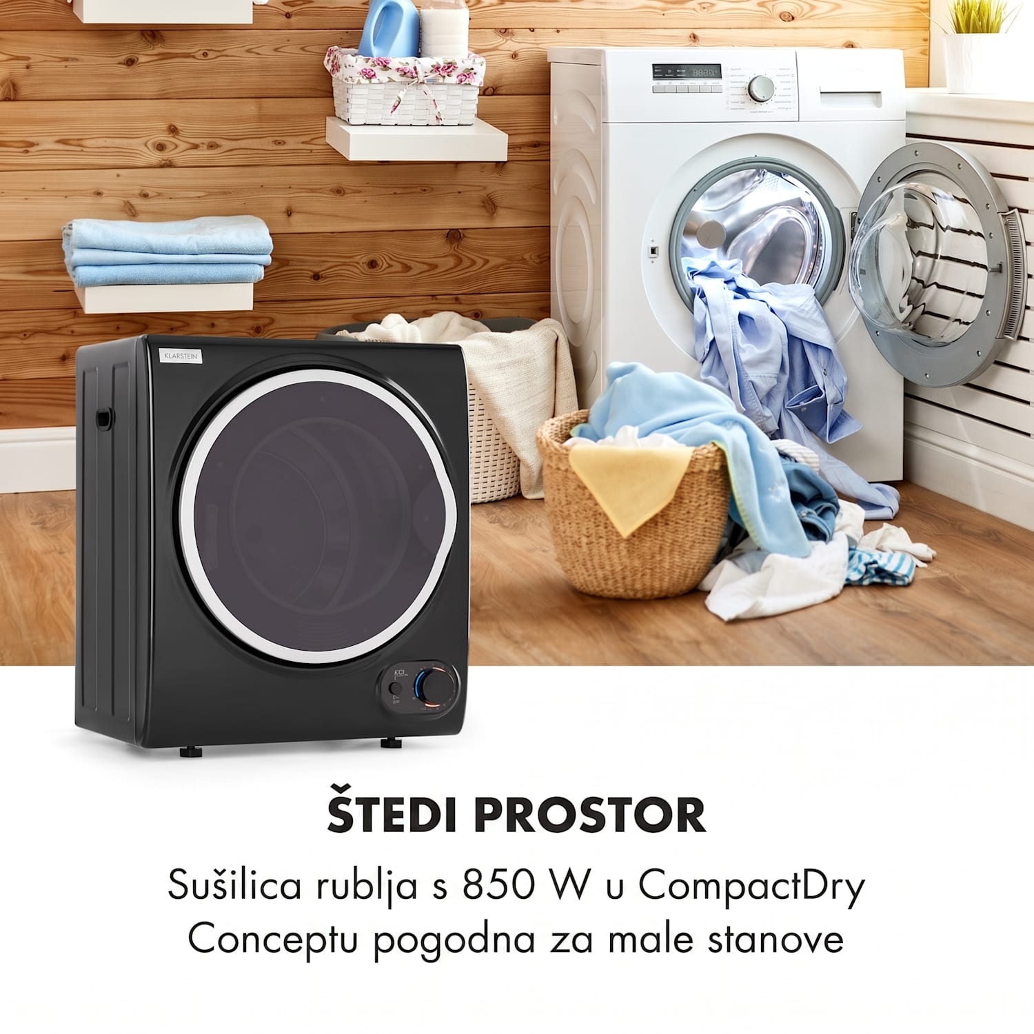 Jet Set 2500, sušilica za rublje, sušilica s odvodom vlažnog zraka, 850W, TEE C, 2,5 kg, 50 cm, crna Crna