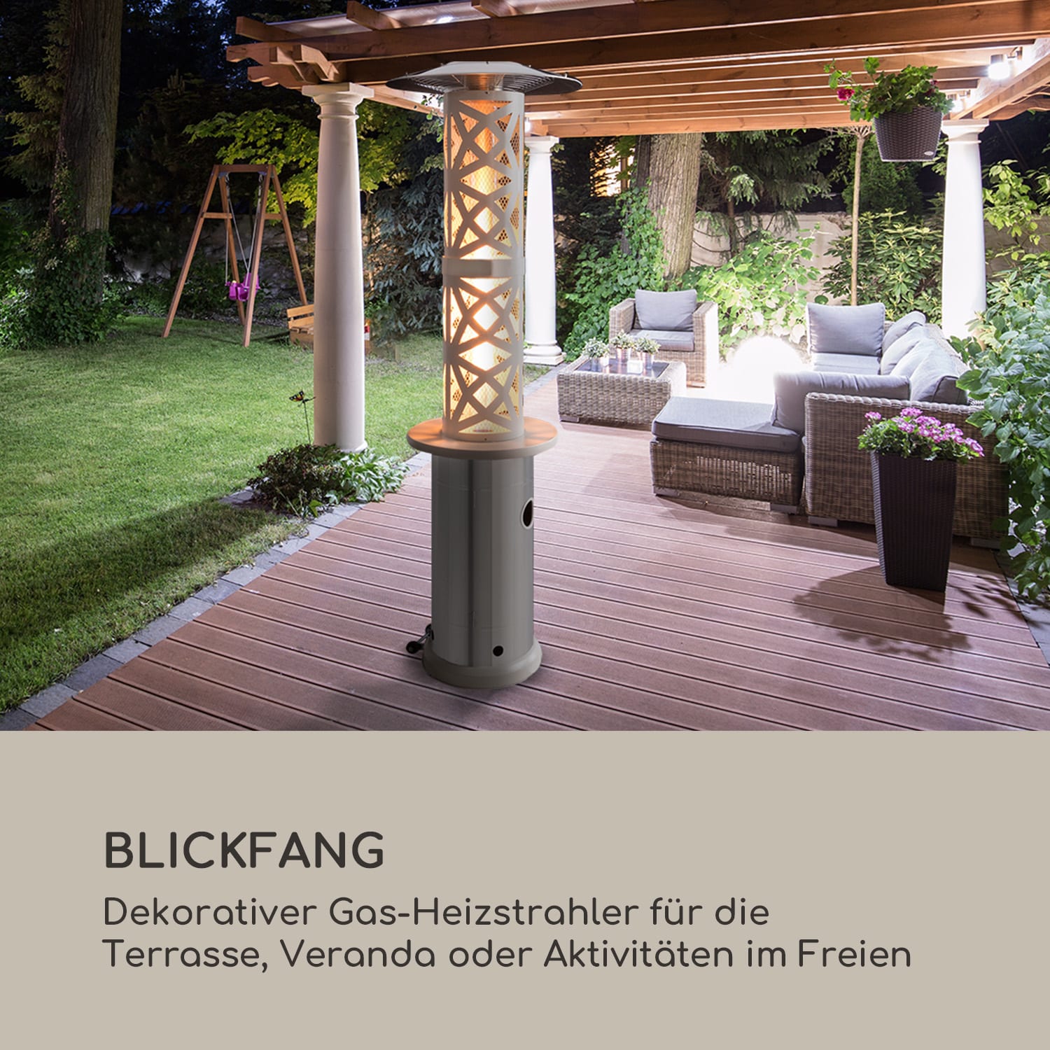 Goldflame Style Terrassenheizstrahler 11,2 kW 360°-Blick mobil Weiß / Silber-Metallic