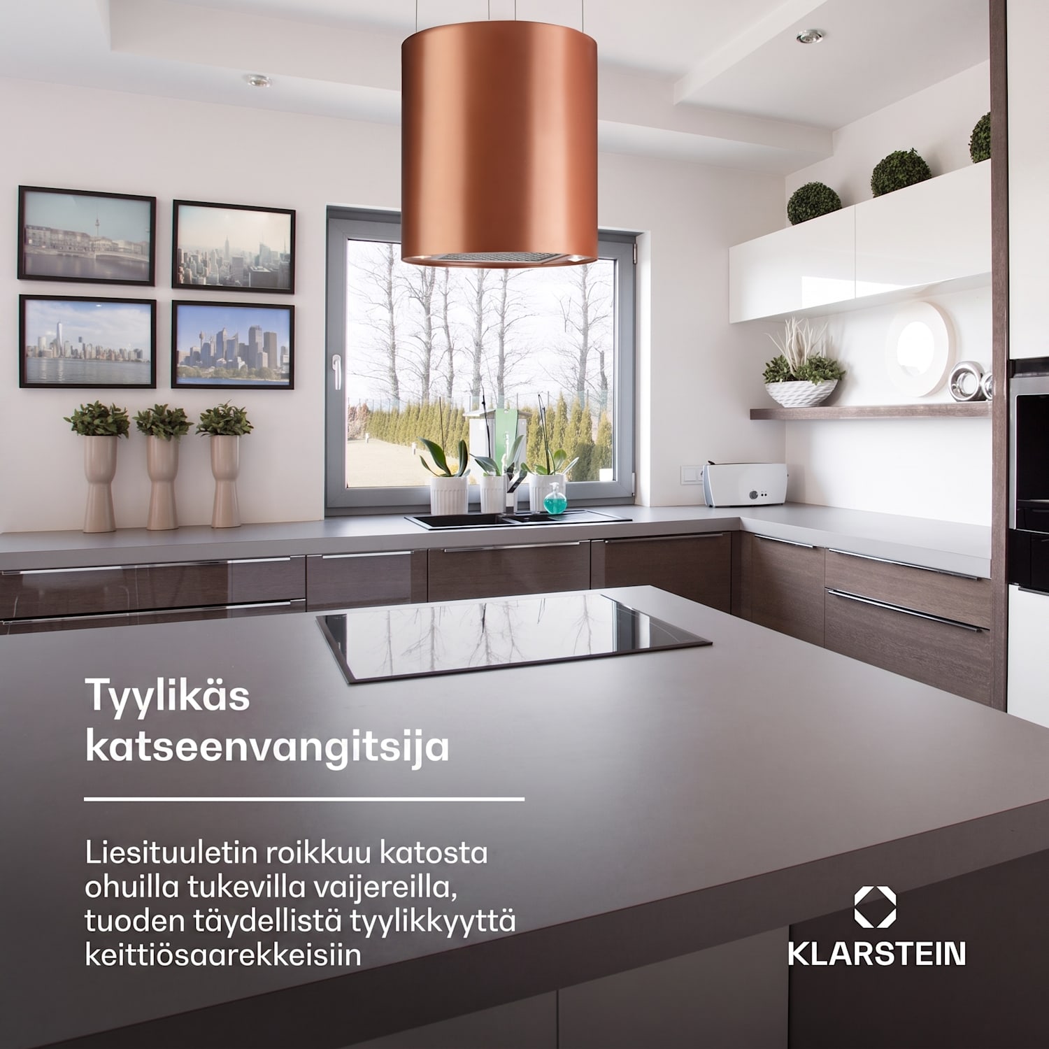Barett saarekeliesituuletin Ø 35 cm kiertoilma 522 m³/h LED aktiivihiilisuodatin Kupari Metallinen