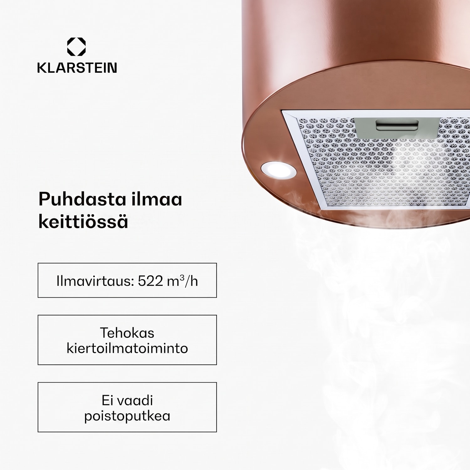 Barett saarekeliesituuletin Ø 35 cm kiertoilma 522 m³/h LED aktiivihiilisuodatin Kupari Metallinen
