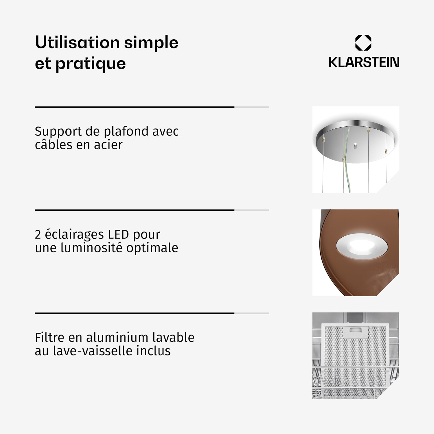 Hotte îlot Barett Ø 35 cm, recyclage, 522 m³/h, LED, filtre à charbon actif Cuivre