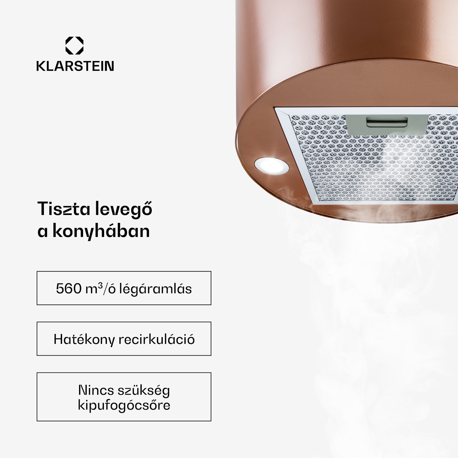 Barett, sziget páraelszívó, Ø 35 cm, légkeringetés, 590 m³/ó, LED, aktívszén szűrő, réz Réz